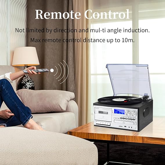 9 in 1 Vinyl Record Player with Bluetooth and Remote Control, 3 Speed Turntable for Family Entertainment, CD Cassette Playback, USB SD Input, AM FM Radio, Built in Stereo Speakers