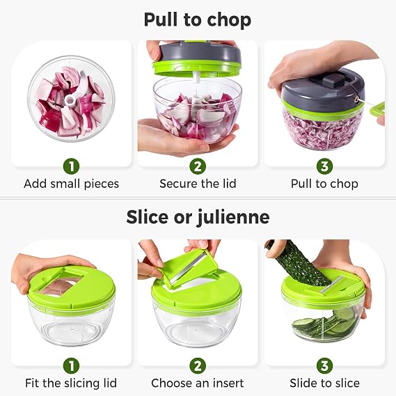 Diboniur 3-in-1 Manual Food Chopper 520ml, Vegetable Cutter with Pull Cord
