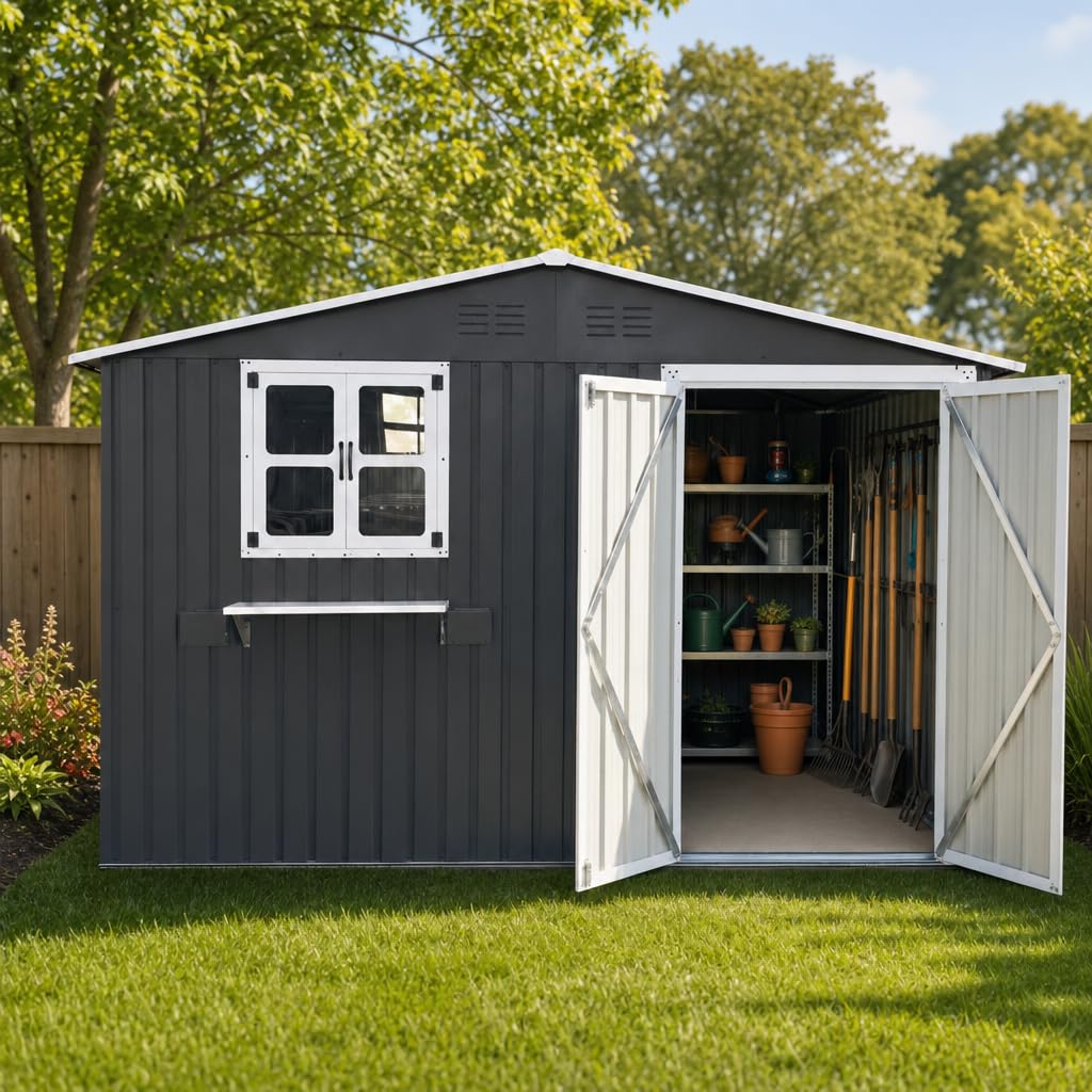 Photo 1 of *** SEE NOTES/PICTURES*** ***FACTORY SEALED*** 10x8 FT Storage Shed,Outdoor Metal Building Backyard Shed with 2 Clear Openable Windows,Windowsill & Garden Bed Flower Rack,Lockable Double Doors Tool Shed, Heavy Duty Waterproof,for Yard,Coal Gray