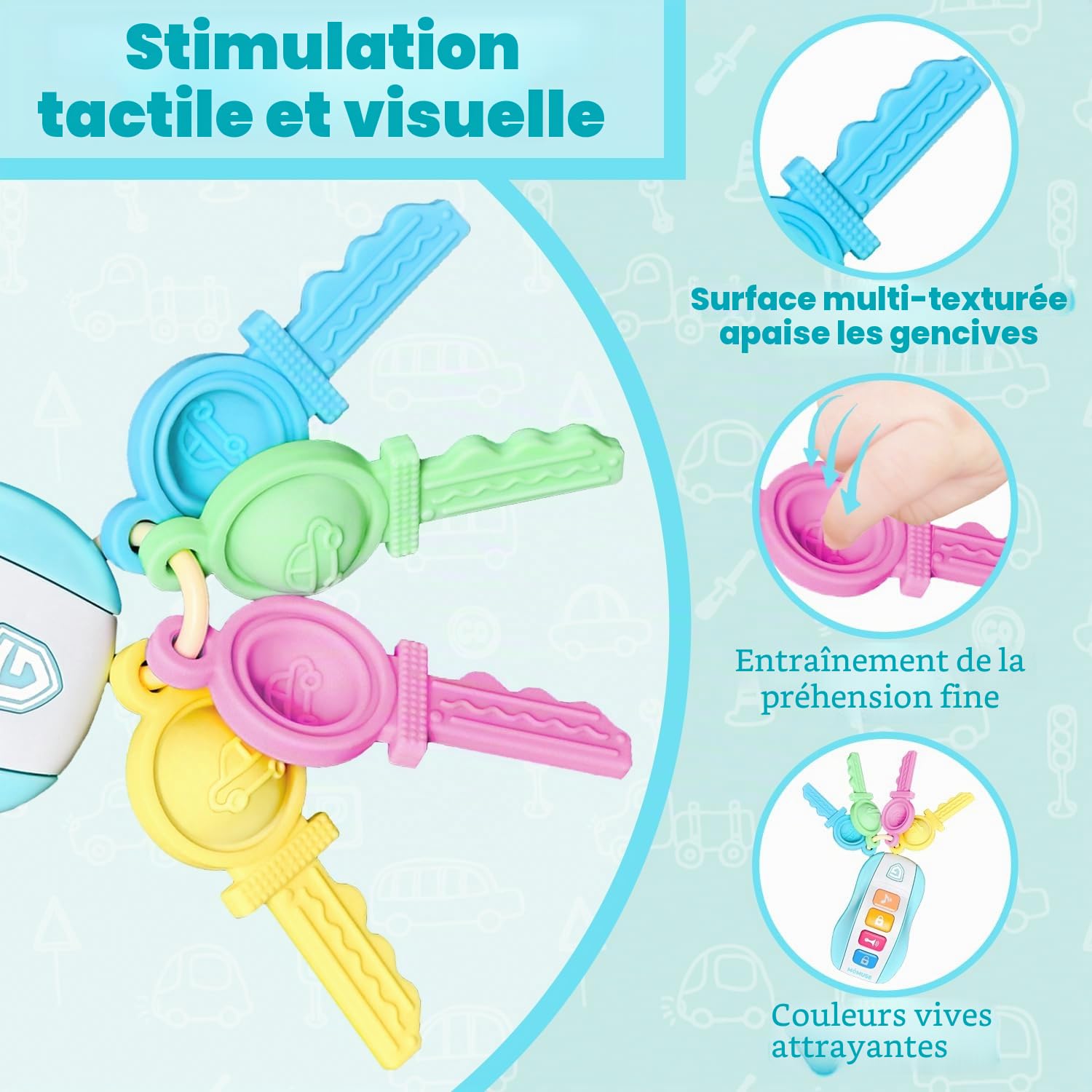 MOMUSE Anneau de Dentition pour Bébé, Jouet de Dentition | 4 Clés de Voiture, Jouet clé en Silicone, Jouets Musicaux Cadeaux de Noël et d'anniversaire pour Bébé 10 12 16 18 Mois