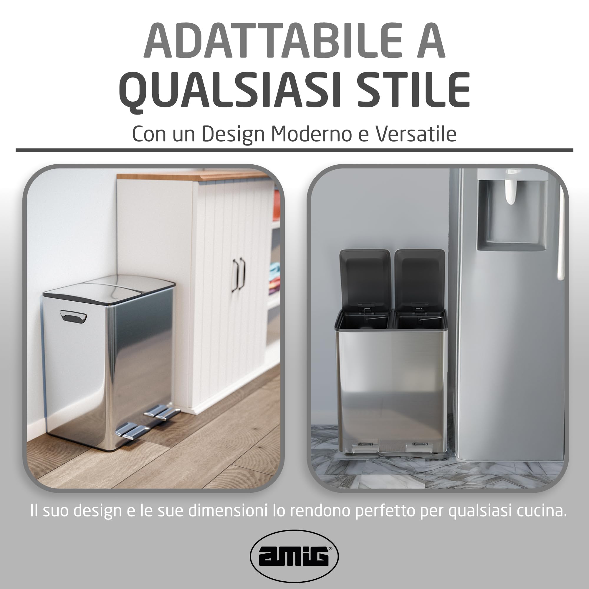 Amig - Pattumiera Doppia per Raccolta Differenziata con Pedali Mod. RECIK EVO 40 L - 2 Scomparti da 20 L ciascuno - Acciaio Inossidabile - 45 x 30 x 52 cm - Argento