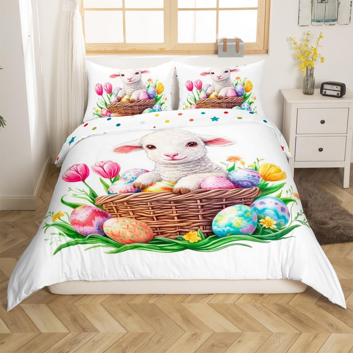 Erosebridal Easter Day Full Bedding Set for Kids Child,Cute Sheep Animals Duvet Cover for Boys Girls,Cartoon Easter Eggs Quilt Cover,Tulip Flowers Floral Comforter Cover with 2 Pillow Cases