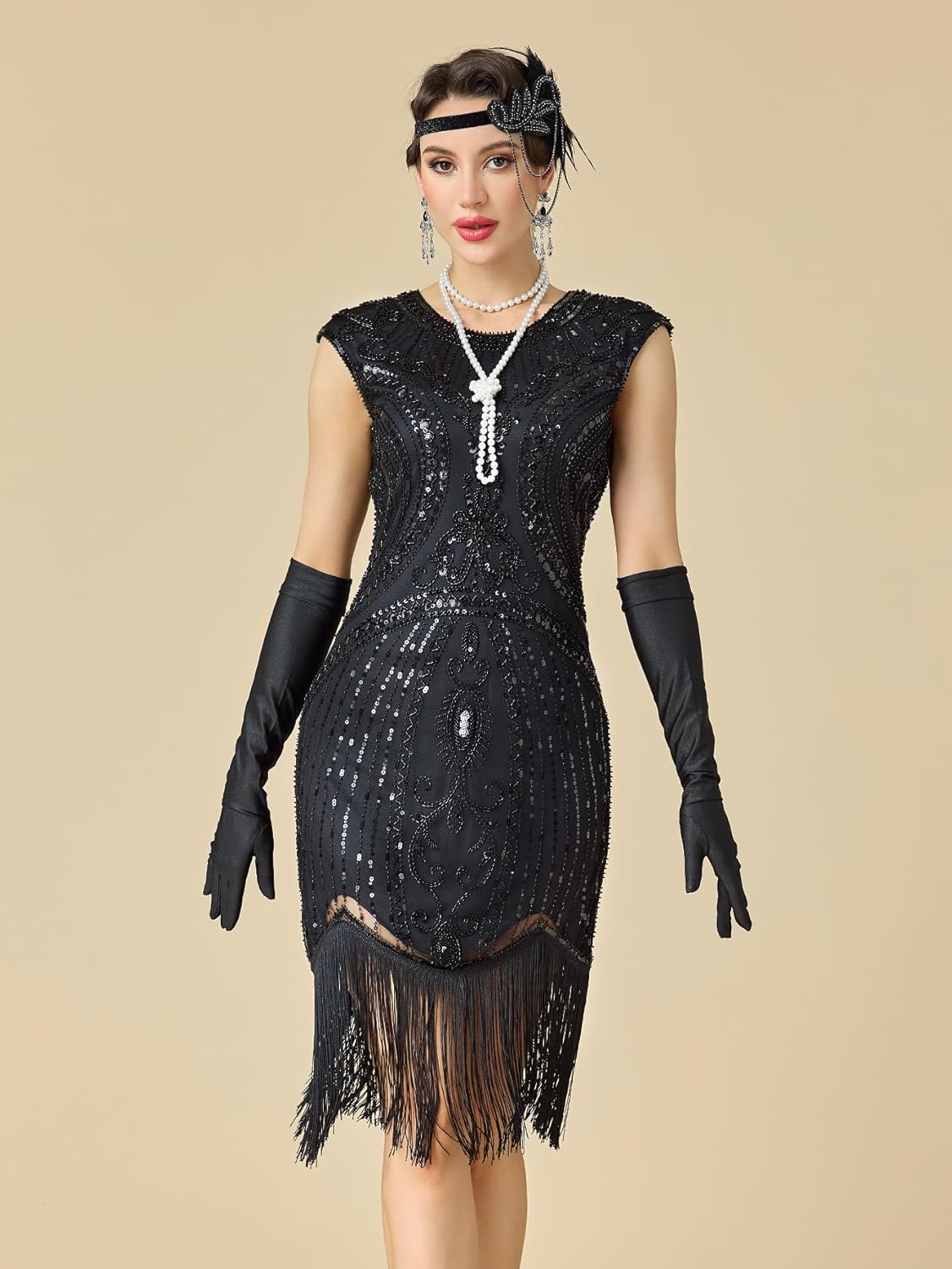 Women's Flapper Dresses 1920s for Women Great Gatsby Sequin Fringed Roaring 20s Cocktail Dress with Accessories Set - Image 5
