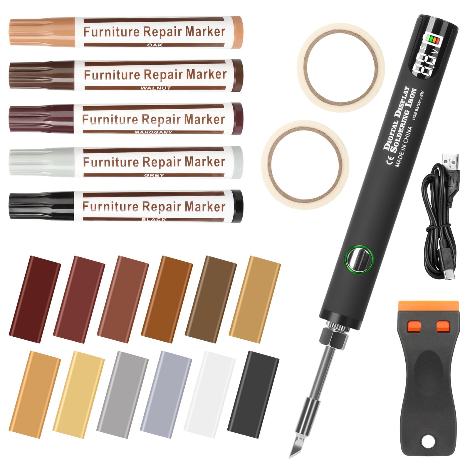Herenear Kit Riparazione Parquet, Kit Riparazione Legno Ripara Parquet, 12 Colori Stucco con Strumento di Fusione per Parquet Ripara Graffi Macchie, Buco, Ritocco Legno