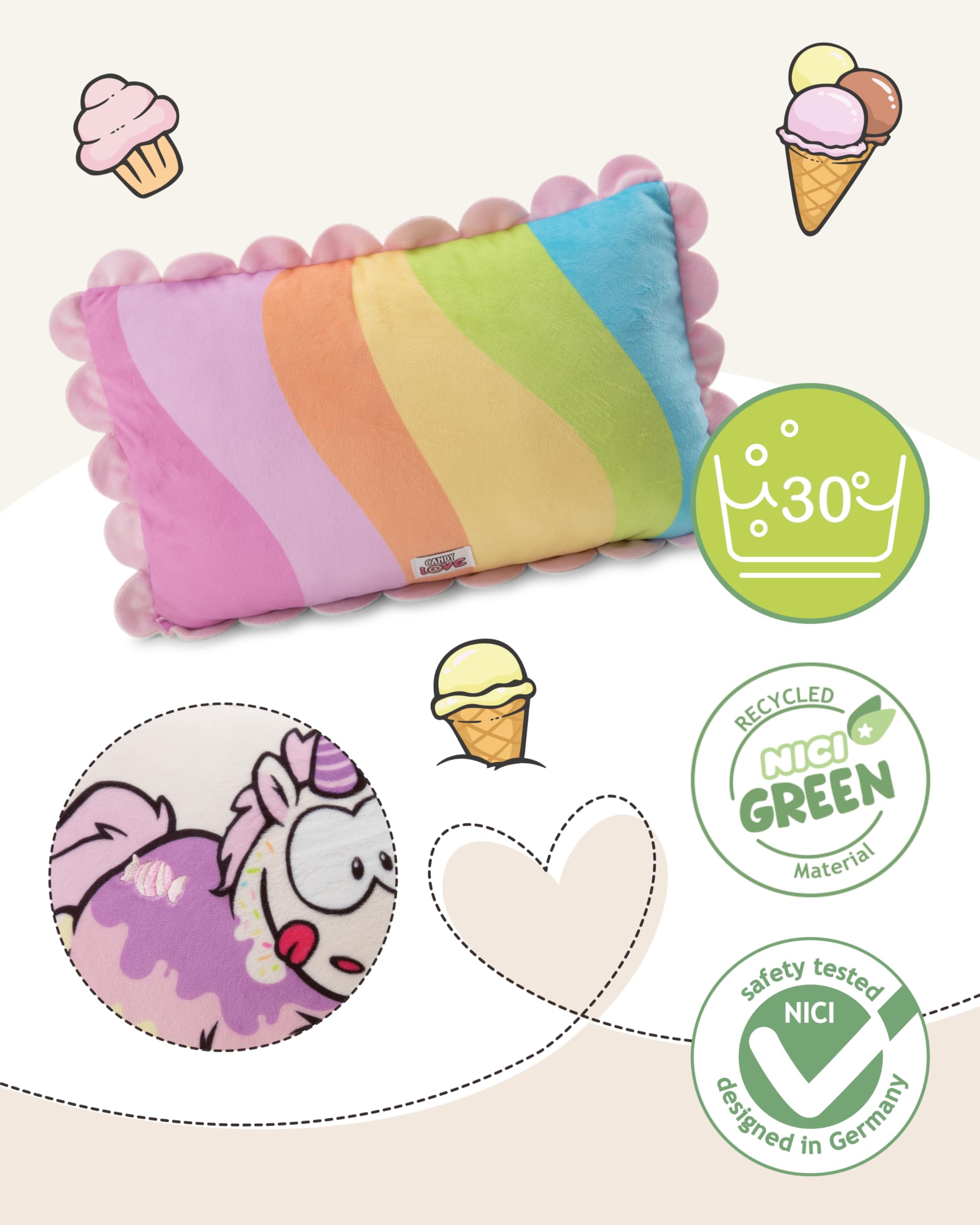 NICI Kissen Einhorn Sweety Rainbow 43x25cm - Weiss - Flauschiges Kuscheltierkissen für Jungen, Mädchen, Babys und Kuscheltierliebhaber, ideal für Zuhause, Kindergarten oder unterwegs | 61917