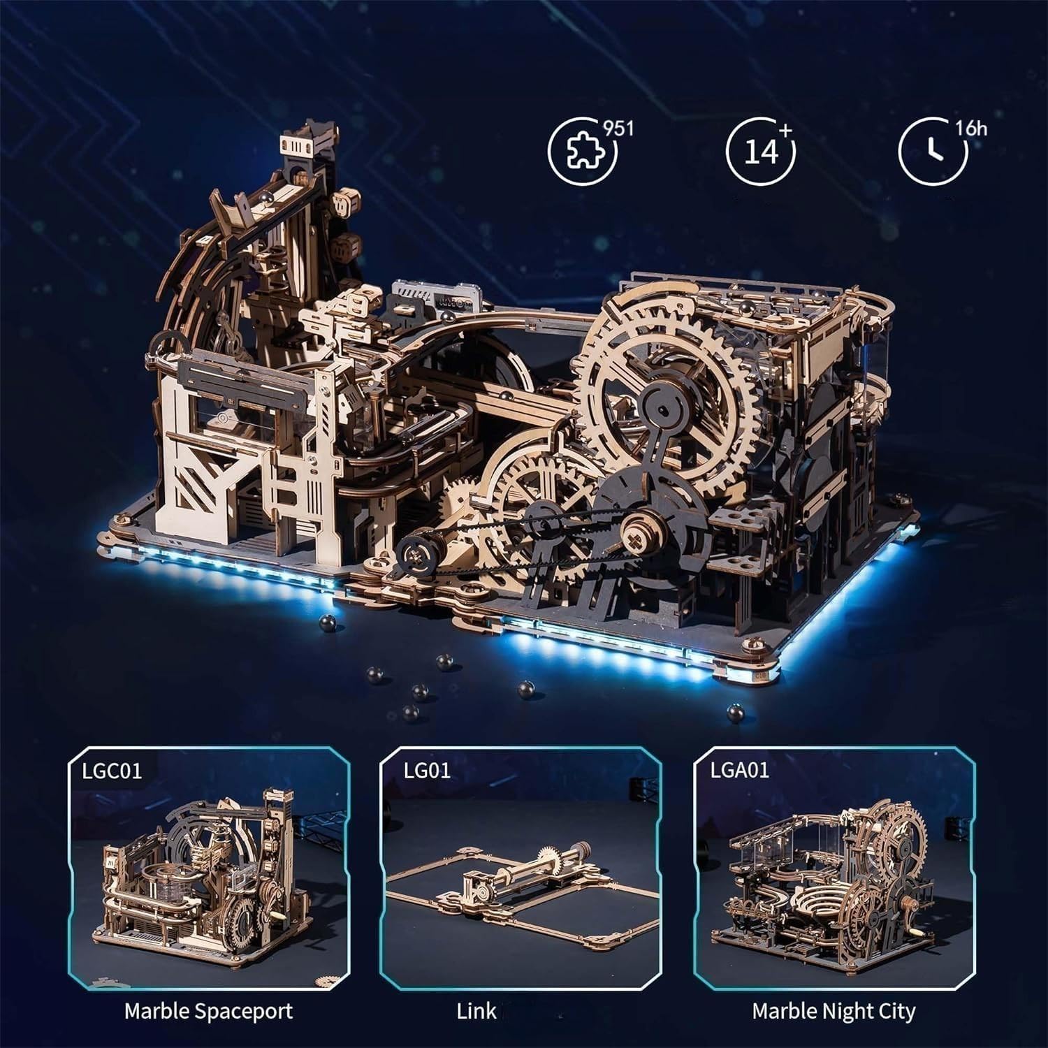 ROKR Puzzle 3D Legno Piste da Corsa Elettrico Rompicapo Modellismo da Costruire Adulti Idee Regalo Donna Uomo(Night City&Link Pack&Spaceport)