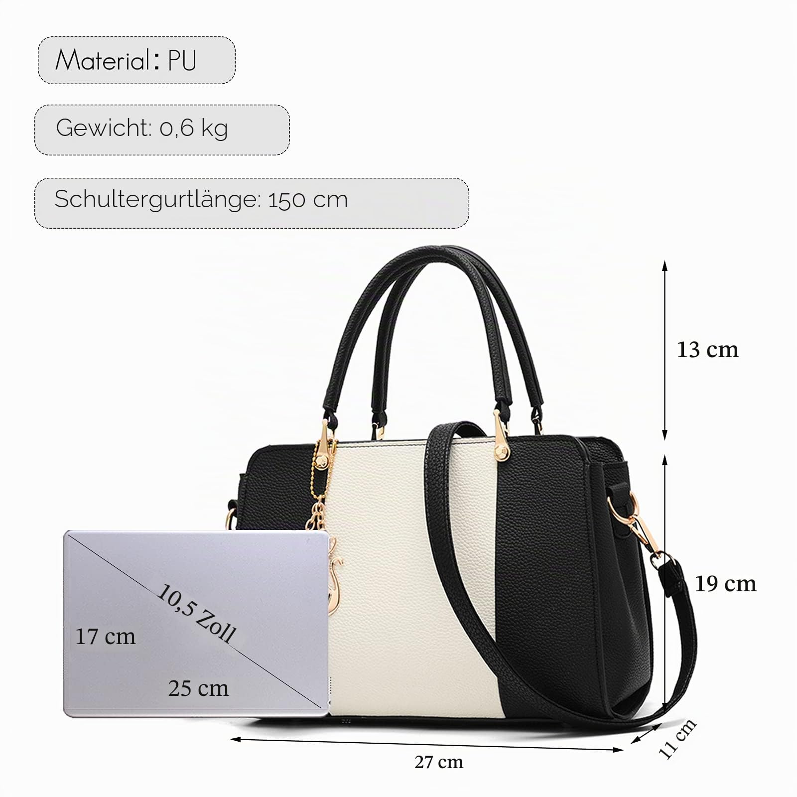 FANDARE Elegante Handtasche mit Anhänger Damen Umhängetaschen Frauen Schultertasche Wasserdicht für Einkauf Arbeitstasche Reisen Crossbody Bag Schwarz