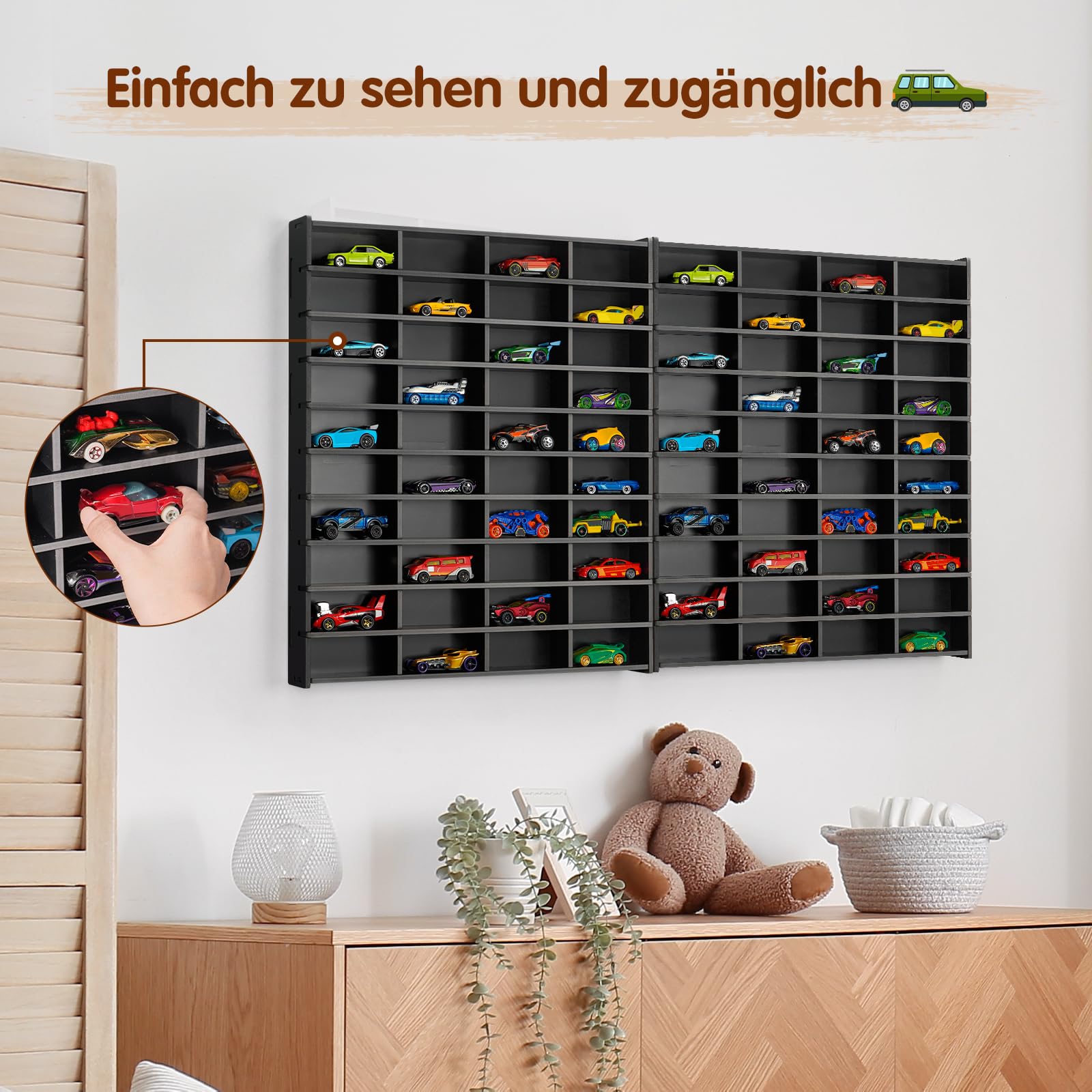 Krafetto Display Regal Setzkasten für 40 Modellautos, Schwarz 2 Stück | Autos Vitrine und Organizer für Spielzeugautos; zur Wandmontage und übersichtlichen Sammlung.