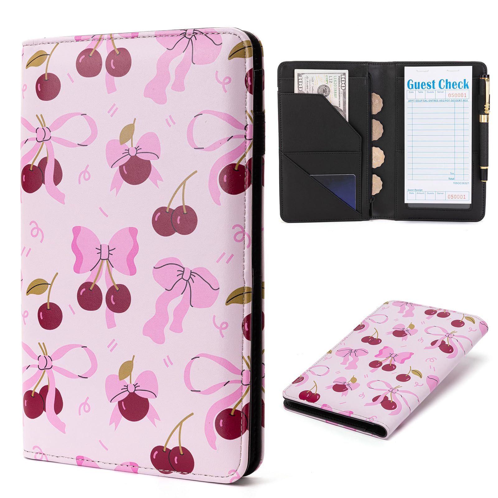 Server Book, Server Books for Waitress, Leather Server Book with Zipper Pocket, Cute Server Book, Waitress Book Fit Server Apron (Pink Cherry)