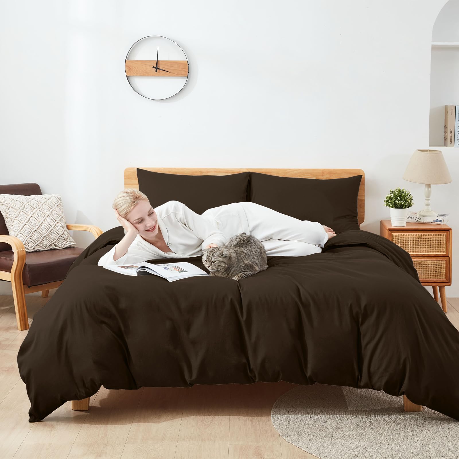 Sufdari Bettwäsche 240x220 Baumwolle Braun, 100% Baumwolle Bettbezug aus Atmungsaktive, Bettwäsche-Set mit 2 Kissenbezüge 80x80 cm+ 1 Bettbezüge mit Reißverschlus