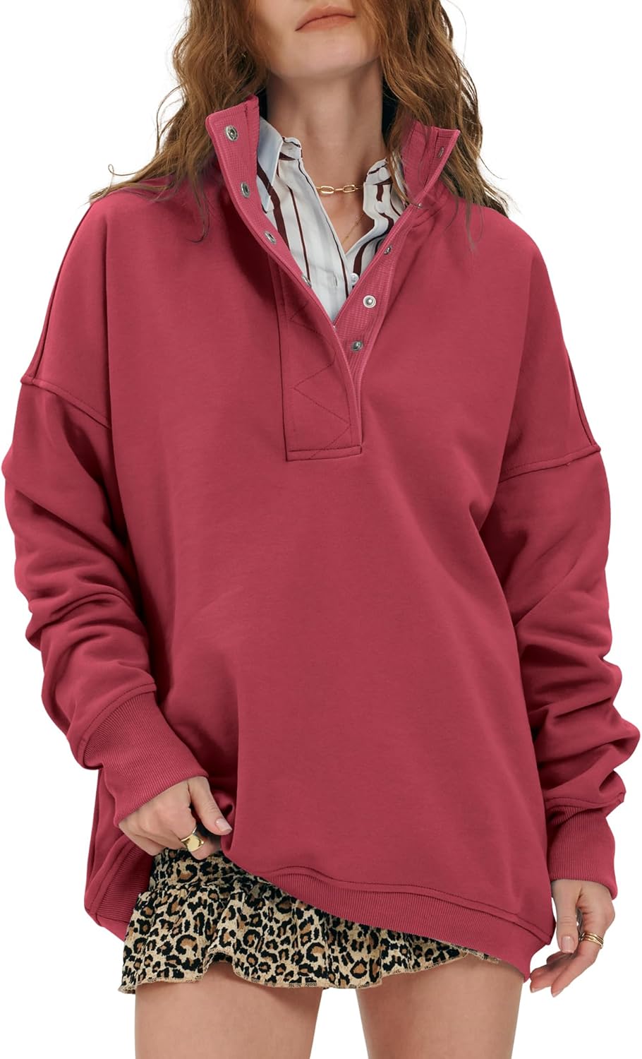 Women's Oversized Sweatshirts Casual Button Henley Neck Pullover Tops Fashion Outfits Clothes