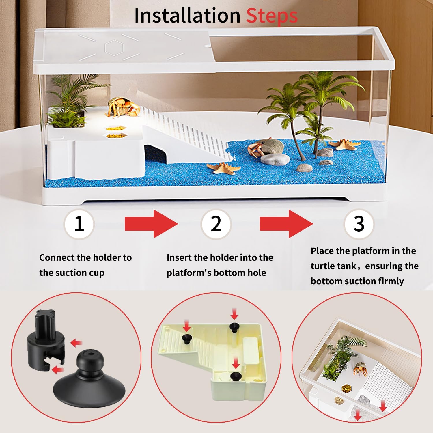 Turtle Fish Tank with Basking Platform and Bottom Drainage, 15.8" x 8" x 8.8" Aquatic Turtle Tank for Juvenile Turtle, Crayfish, Crabs, Amphibians, Reptiles, PC Material, White Color
