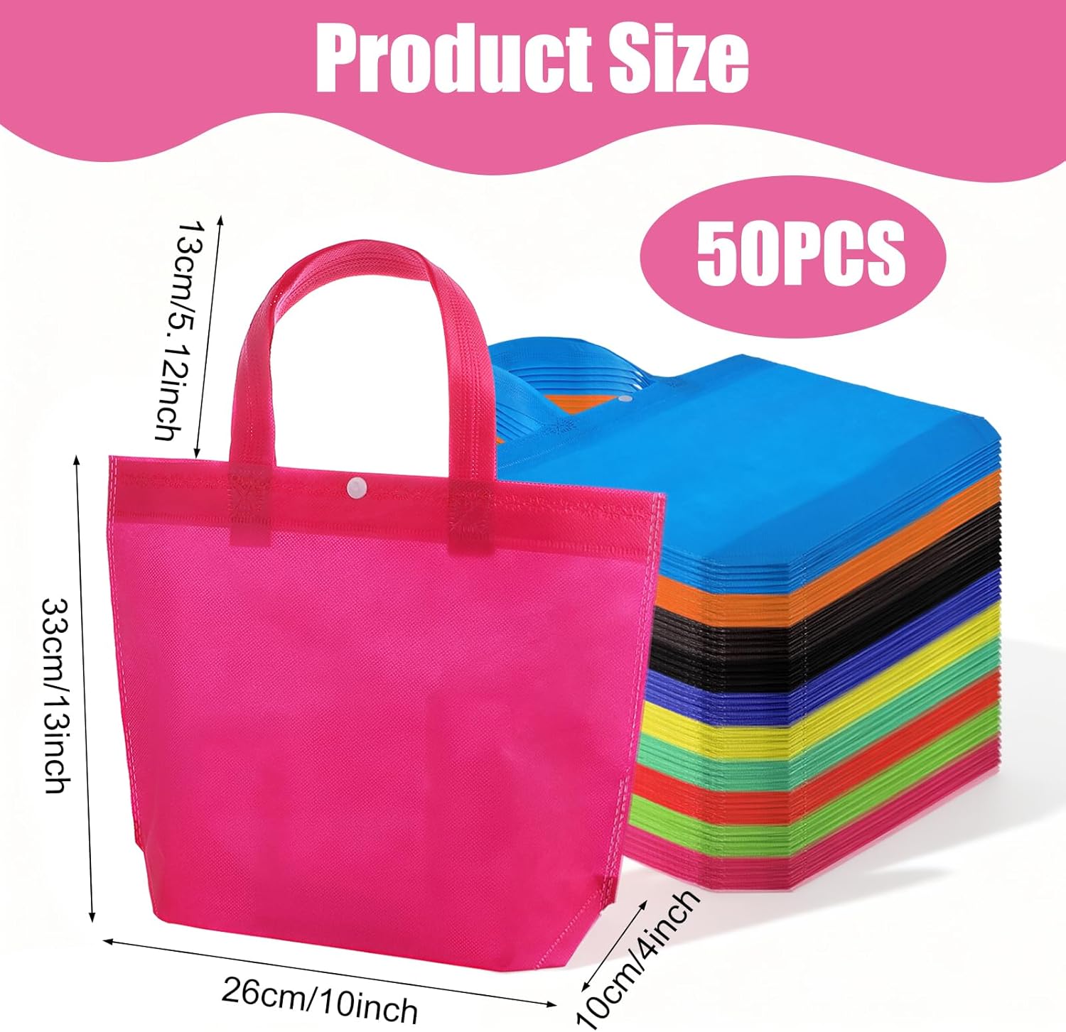 50 Pcs Non Woven Fabric Reusable Shopping Bags, Multi Color Foldable Tote Bags with Handles and Buttons for Grocery, Gift, Party Favors, Bulk 13x10x4 Inch - Image 3