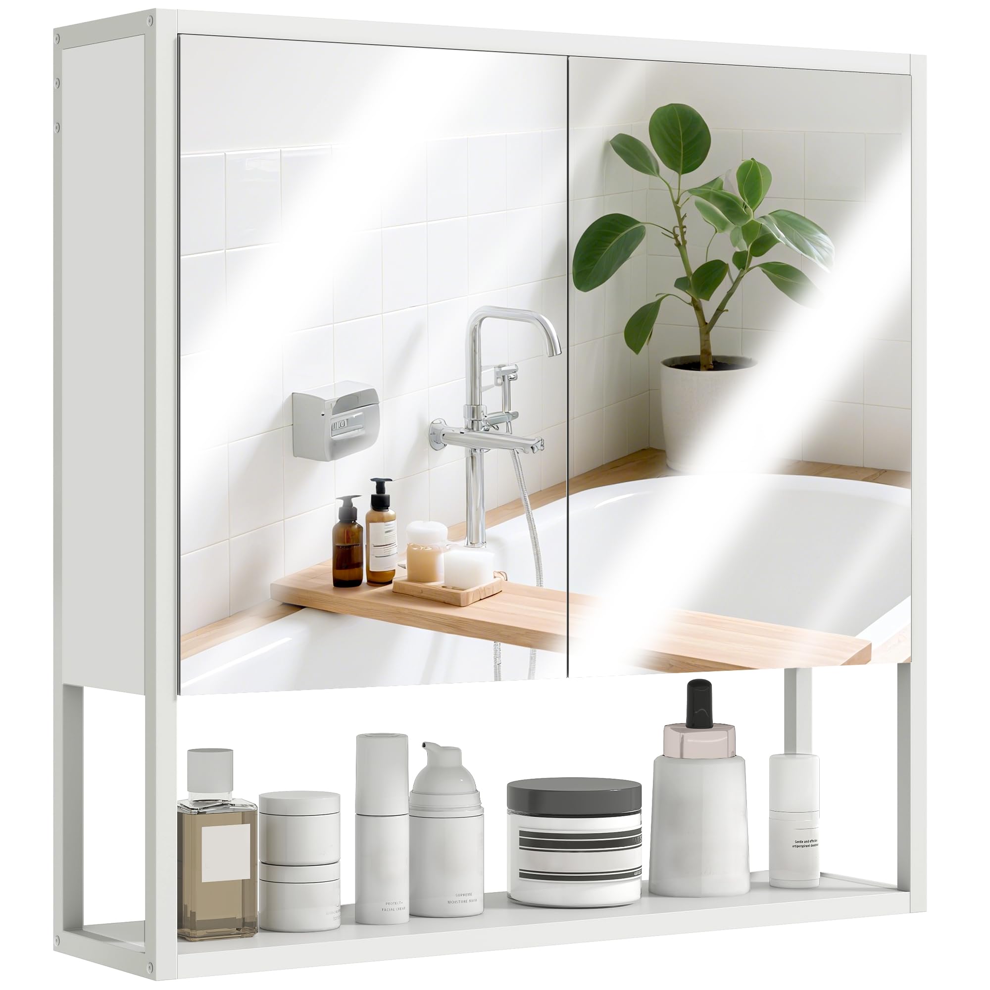 HOMCOM Bathroom Cabinet 2 Door White Industrial Mirror Storage - Adjustable Shelf