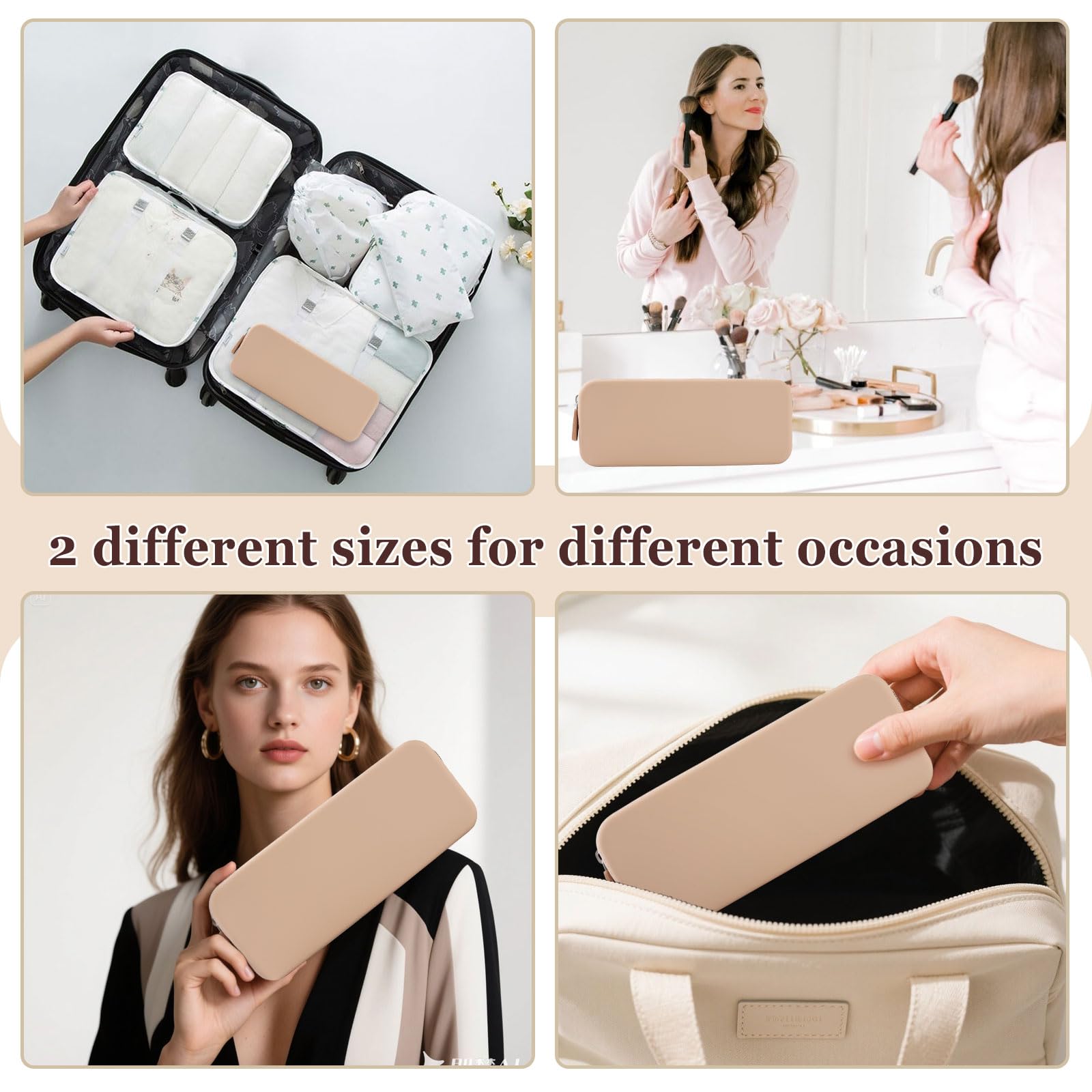 Makeup Bags Silicone Cosmetic Bag 2Pcs Brush Holder Pouch Portable Travel Toiletry Make up Bags Waterproof Storage for Women Men Khaki - Image 2