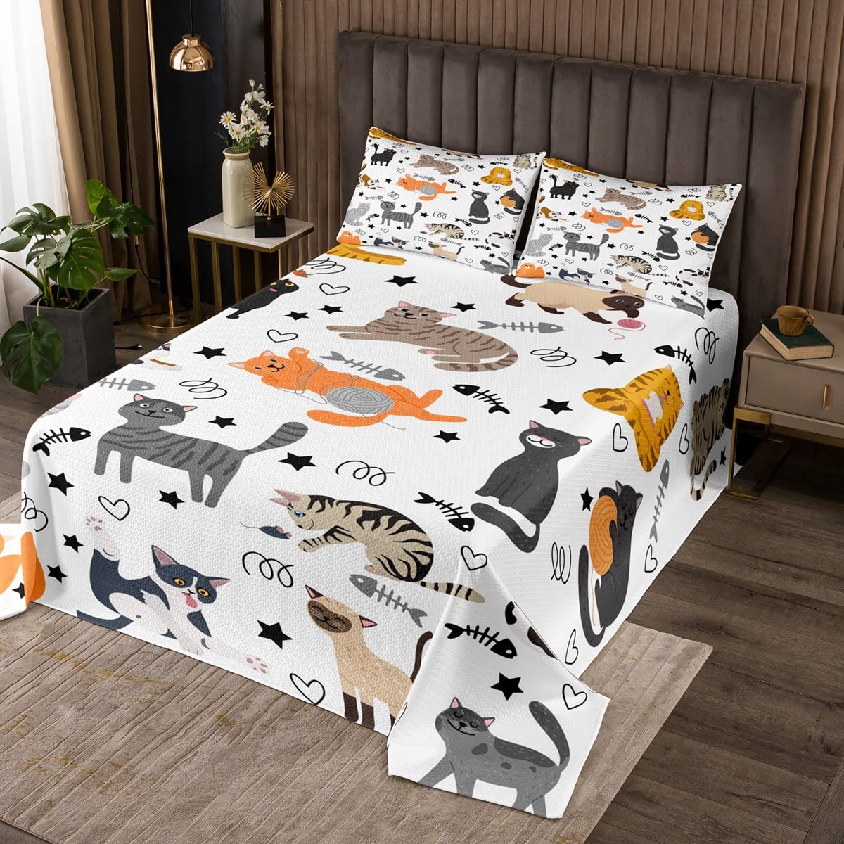 Feelyou Cartoon Cat Bedspread Cats Print Coverlet Set Cute Kitten Quilt Sets Pet Cats Pattern Bedding Set for Kids Boys Girls Adults Twin Size