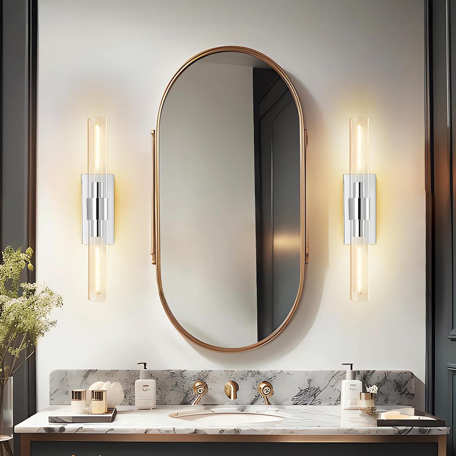 Chrome Wall Sconces, 22.8" Bathroom Sconces, Indoor Sconces Wall Lighting Up and Down, Nickel Wall Sconce Dimmable, Vanity Lights Fixtures with Tube, Glass Sconce for Bedroom, Staircase