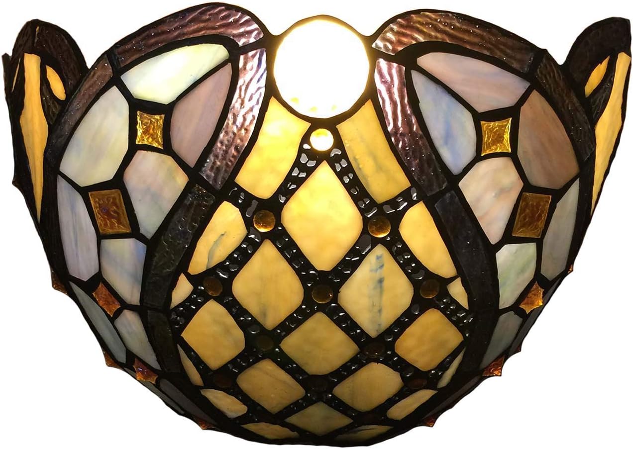 Bieye L10816 Baroque Brass Ball Chain Tiffany Style Stained Glass Wall Sconces Night Light for Living Room Bedroom Home Decoration, 12" W x 8" H
