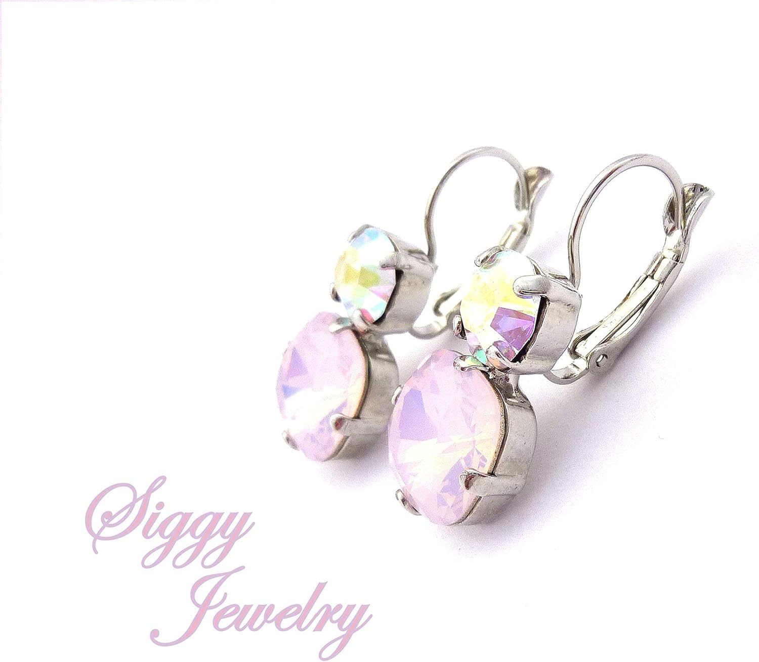 Double Drop Earrings made with Genuine Austrian Crystals,12mm Cushion Cut Rose Water Opal, 8mm Crystal AB Round, Drop Lever Backs, Assorted Finishes, Gift Packaged