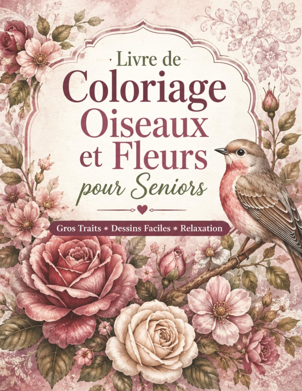 Livre de Coloriage Oiseaux et Fleurs pour Seniors: 50 illustrations à gros traits, grands dessins simples et scènes nature relaxantes pour débutants et personnes âgées