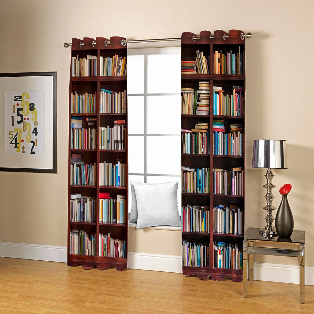 Rideaux Salon Moderne 3D Modèle De Bibliothèque Motif Rideau À Oeillets Désign Moderne Chambre Maison Salon Lot De 2 200x200Cm Occultants Isolant Thermique, Décoration De Fenêtre