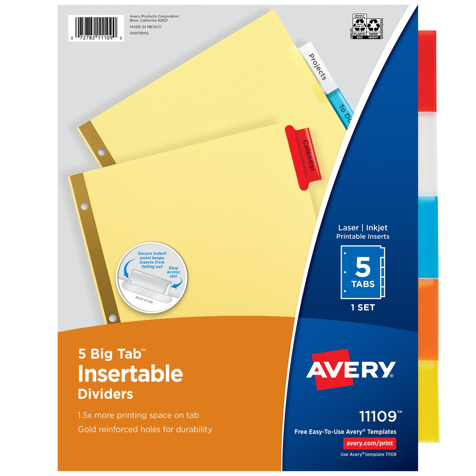 Avery Binder Dividers - 5-Tab Insertable Multicolor Big Tabs for Binders, 1 Set of Dividers (11109) 1-pack
