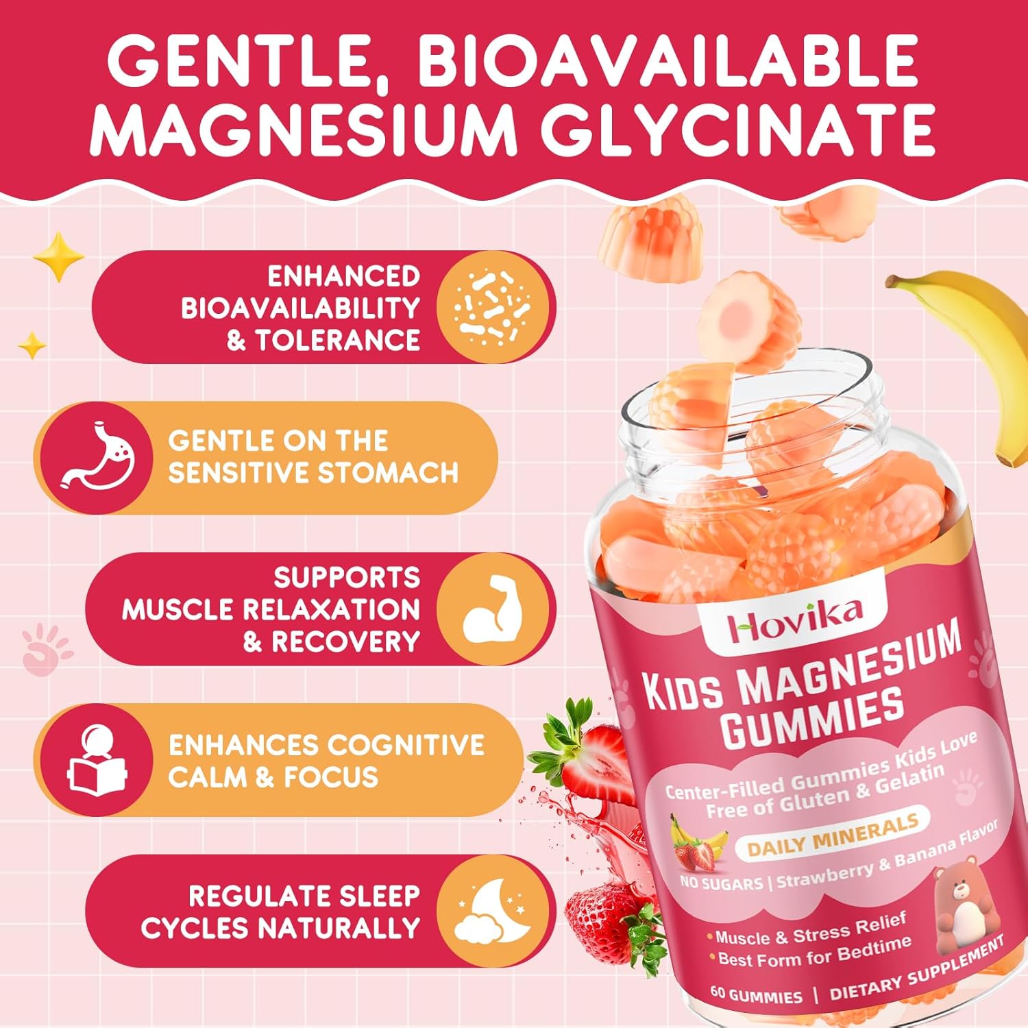 Magnesium Glycinate Gummies for Kids: Calm Magnesium Supplement for Kids & Adults with Zinc Citrate, GABA, Chamomile, Vitamin B6 & C - Sleep, Relaxation & Focus, Strawberry & Banana Flavor 120ct