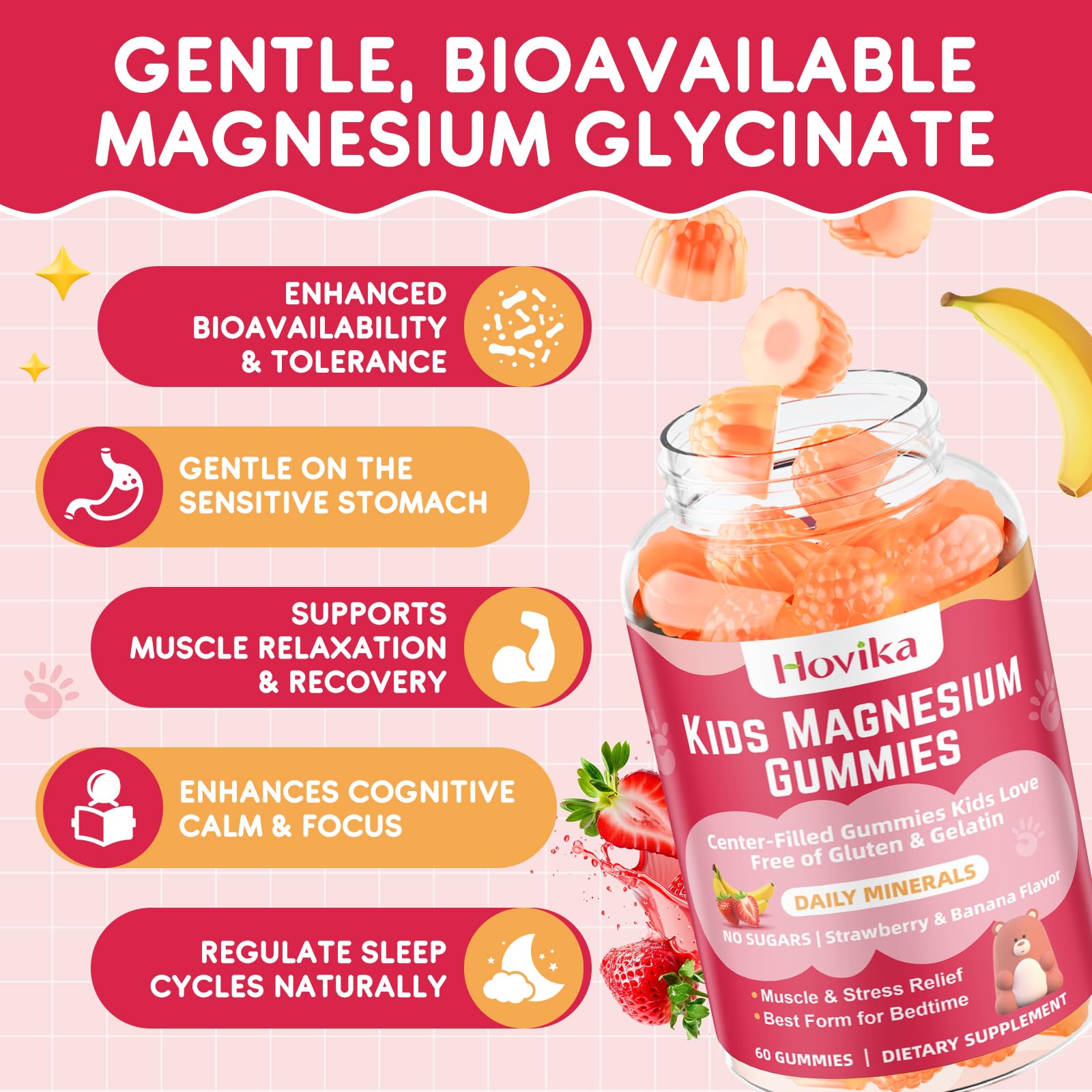 Magnesium Glycinate Gummies for Kids: Calm Magnesium Supplement for Kids & Adults with Zinc Citrate, GABA, Chamomile, Vitamin B6 & C - Sleep, Relaxation & Focus, Strawberry & Banana Flavor 120ct