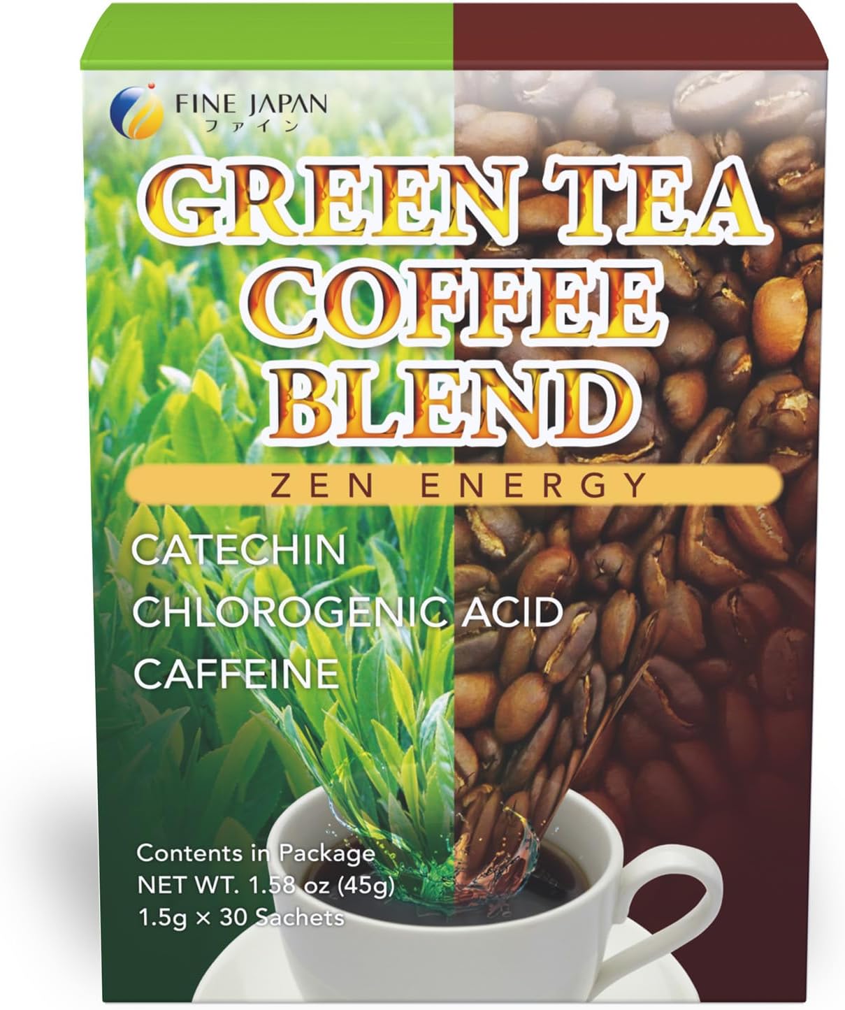 FINE JAPAN Green Tea and Coffee Blend Powder/Catechins and Chlorogenic Acid/Made in Japan/ 30 Sticks (45g)