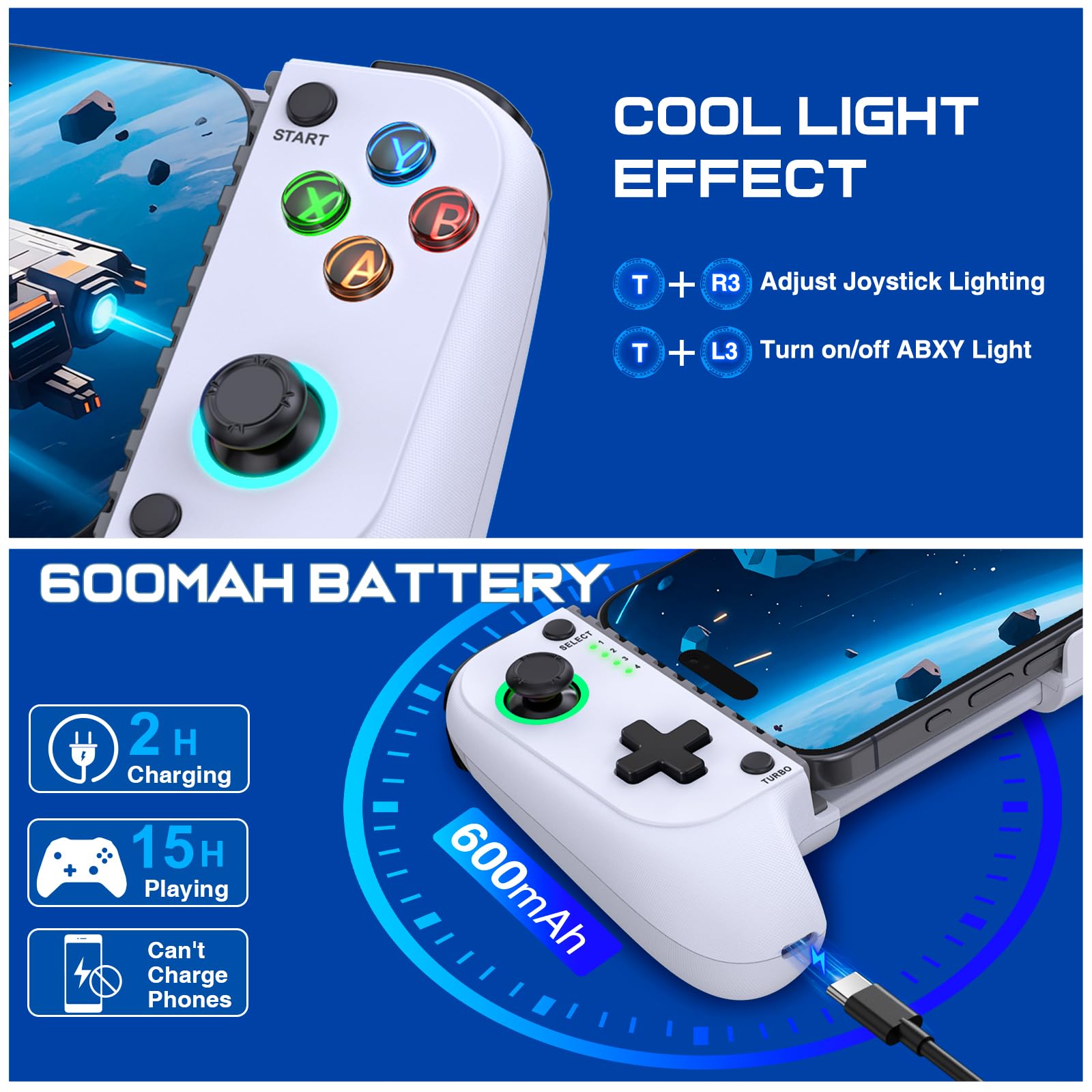 Controlador de juego móvil para iPhone/Android, mando de teléfono inalámbrico, compatible con funda de teléfono, controlador de juegos con palanca de mando Hall adecuado para Xbox Game Pass, Steam