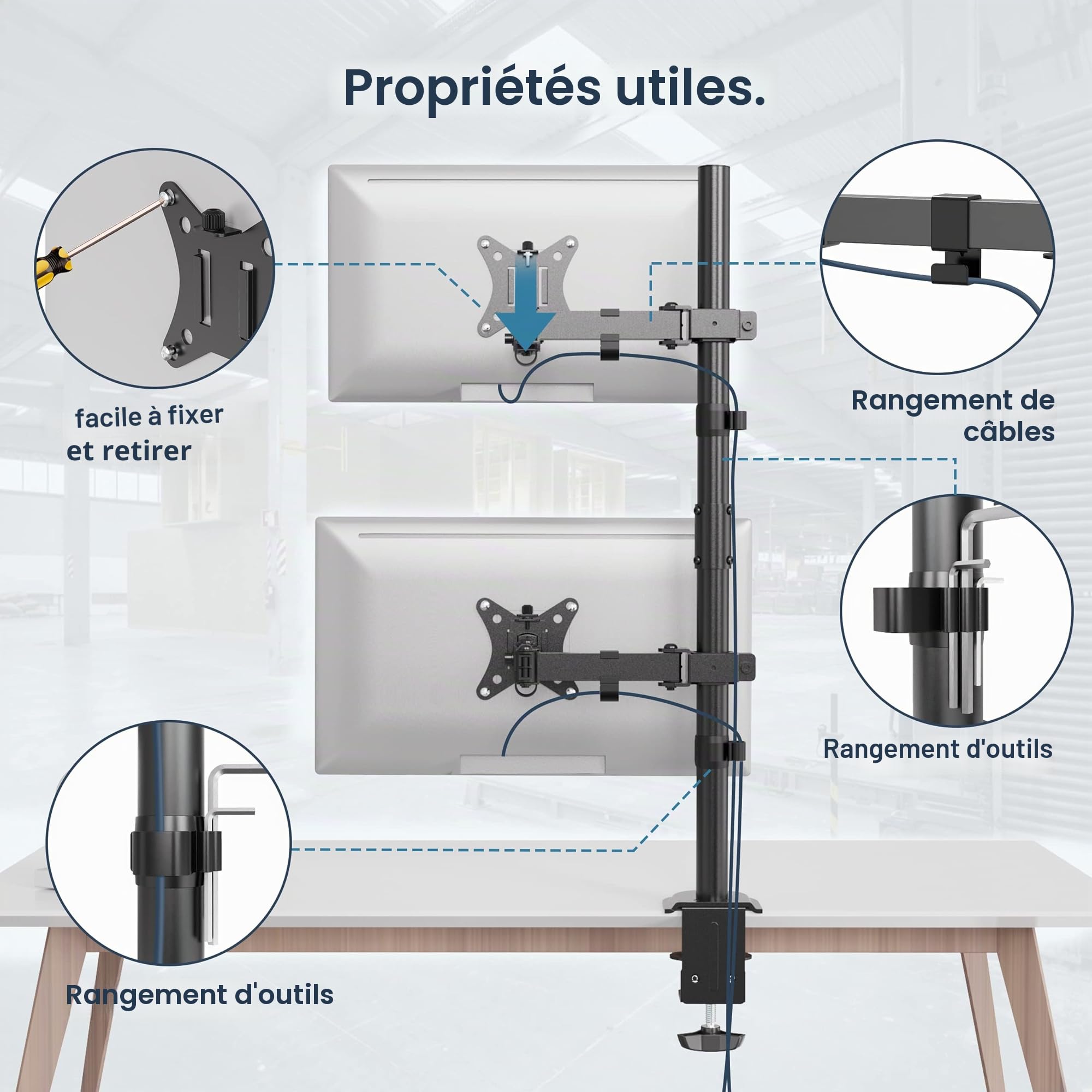WORLDLIFT Bras de Moniteur Vertical Haut/Bas 2 écrans Double Poteau Long Horizontal Mobile Type Pince 32" Capacité de Charge 8KG