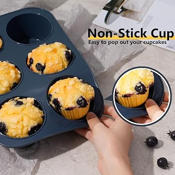 Deep and Jumbo Muffin Tray 6 Cup Large Silicone Muffins Pan, Non-Stick Giant Cupcake Tin, Silicon Bakeware, Baking Case, Baking Mould for Yorkshire Pudding, Bun, Cupcakes, 27.8 x 19 x 5 cm (Grey)