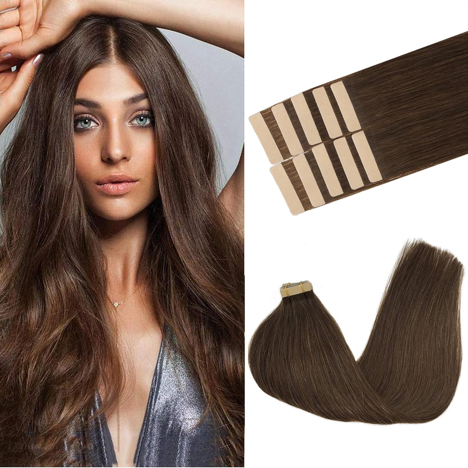 GOO GOO Tape in Hair Extensions Human Hair, 20pcs 50g 16inch, Balayage Chocolate Brown to Strawberry Blonde Real Remy Hair Extensions Seamless Straight Human Hair Extensions — view 102