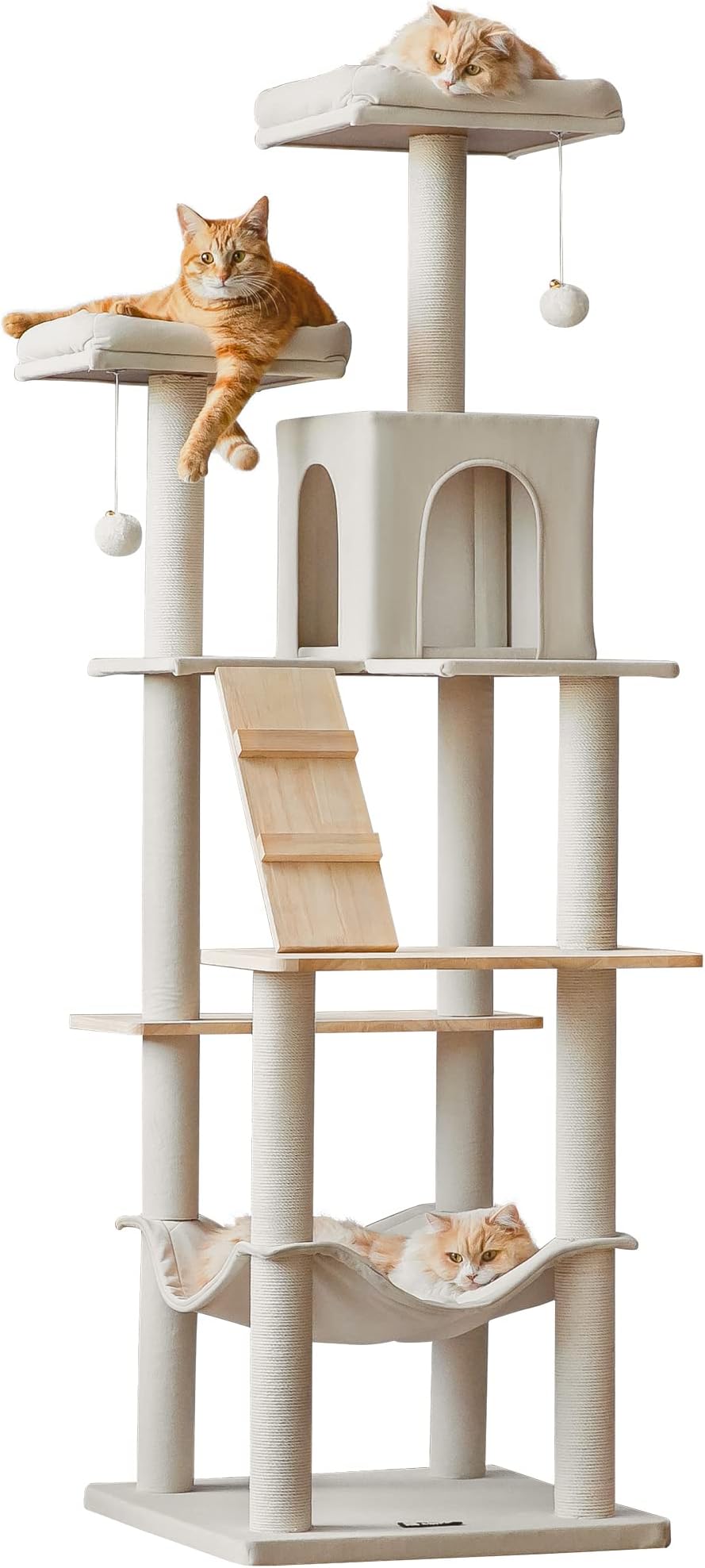 Large Modern Cat Tree, 70.1-Inch Wood Cat Tower for Indoor Cats, Multi-Level Tall Cat Condo with 2 Padded Perches, Hammock, Scratching Posts, Dangling Toys, Beige