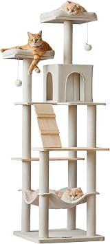 MWPO Large Modern Cat Tree, 70.1-Inch Wood Cat Tower for Indoor Cats, Multi-Level Tall Cat Condo with 2 Padded Perches, Hammock, Scratching Posts, Dangling Toys, Beige