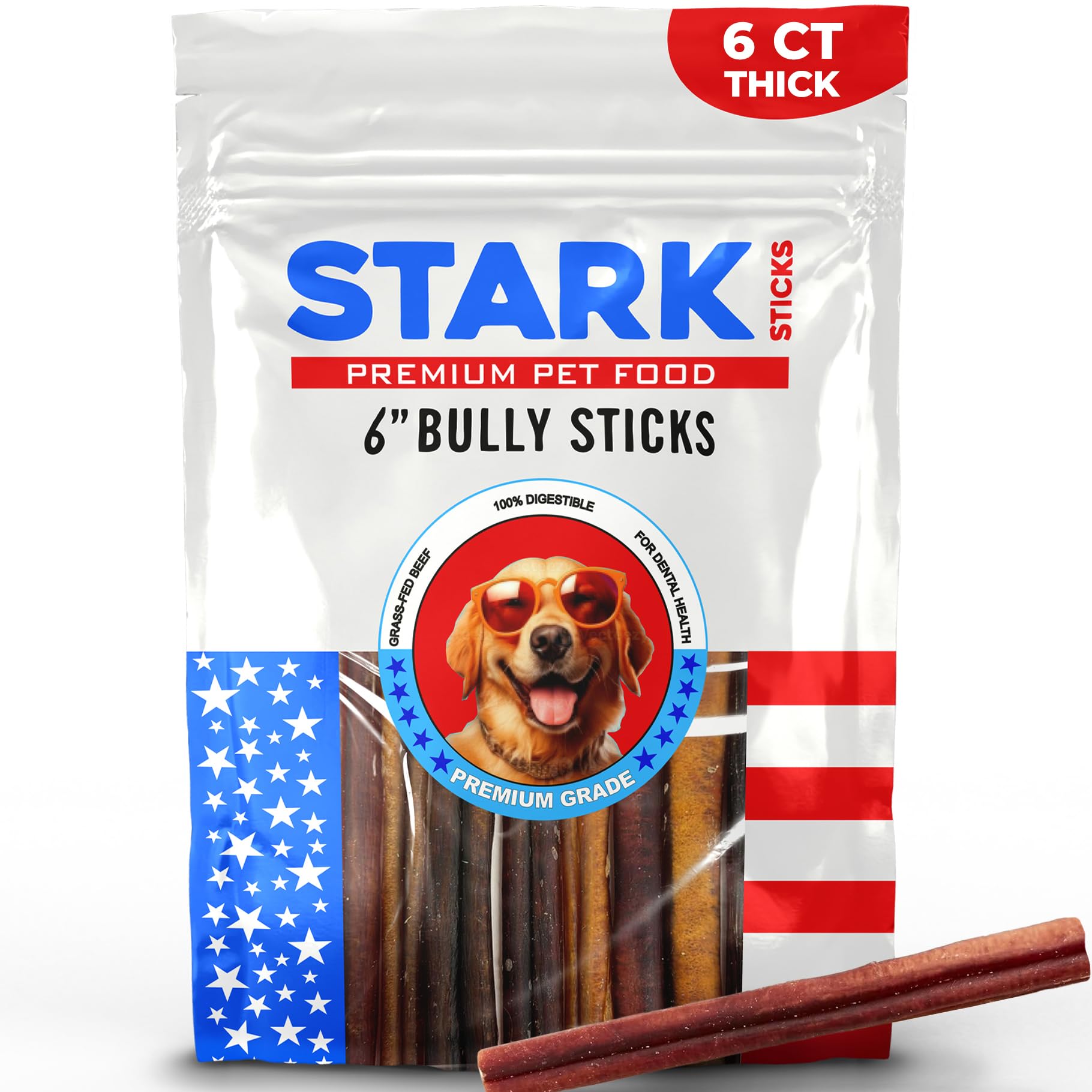 Stark Sticks 6'' Natural Bully Sticks for Small, Medium, Large Dogs - 100% Grass-Fed Beef, Chews Sticks for Dogs, Treats, Long Lasting - Fully Digestible,(Thick 6 Count)