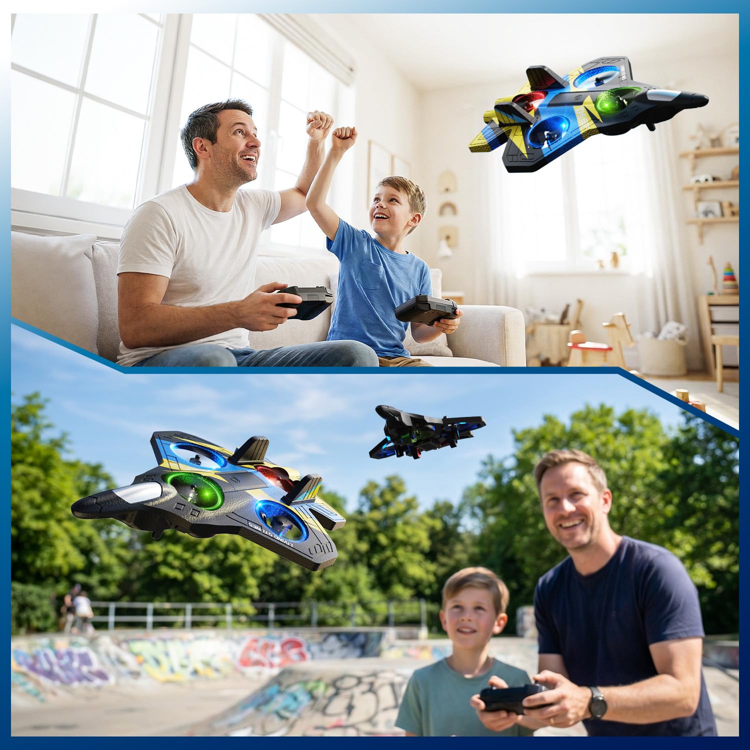 DEERC Avion Télécommandé RC Chasse avec Lumières, Flip 360° pour Enfants, Bleu Jaune