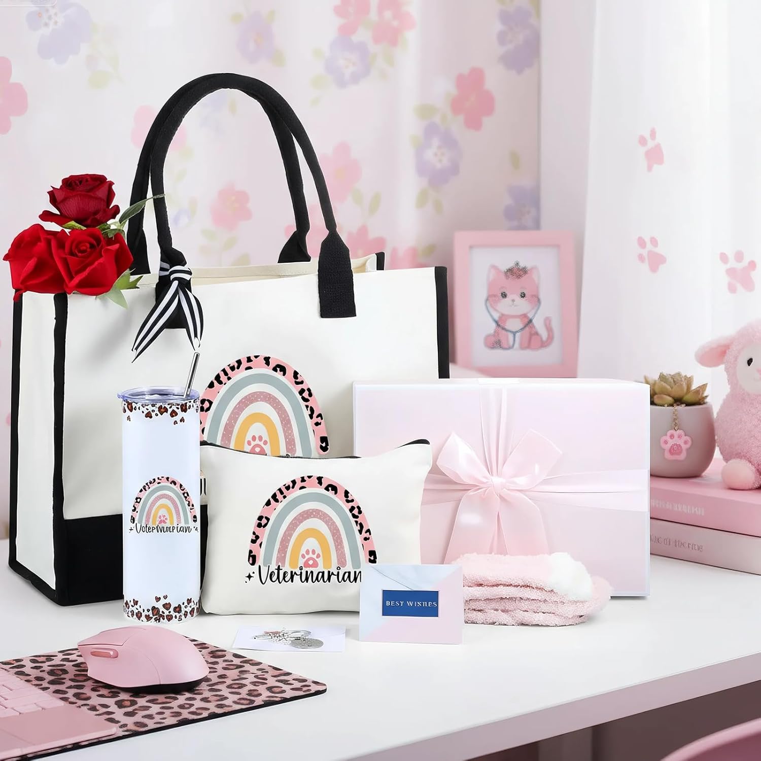 Geiserailie 8 Pcs Vet Tech Gifts for Women Including Large Veterinarian Tote Bag Cosmetic Bags Tumbler Cup Plush Socks Metal Keychain Card and Envelope for Veterinary Graduate Thank You Gift - Image 4