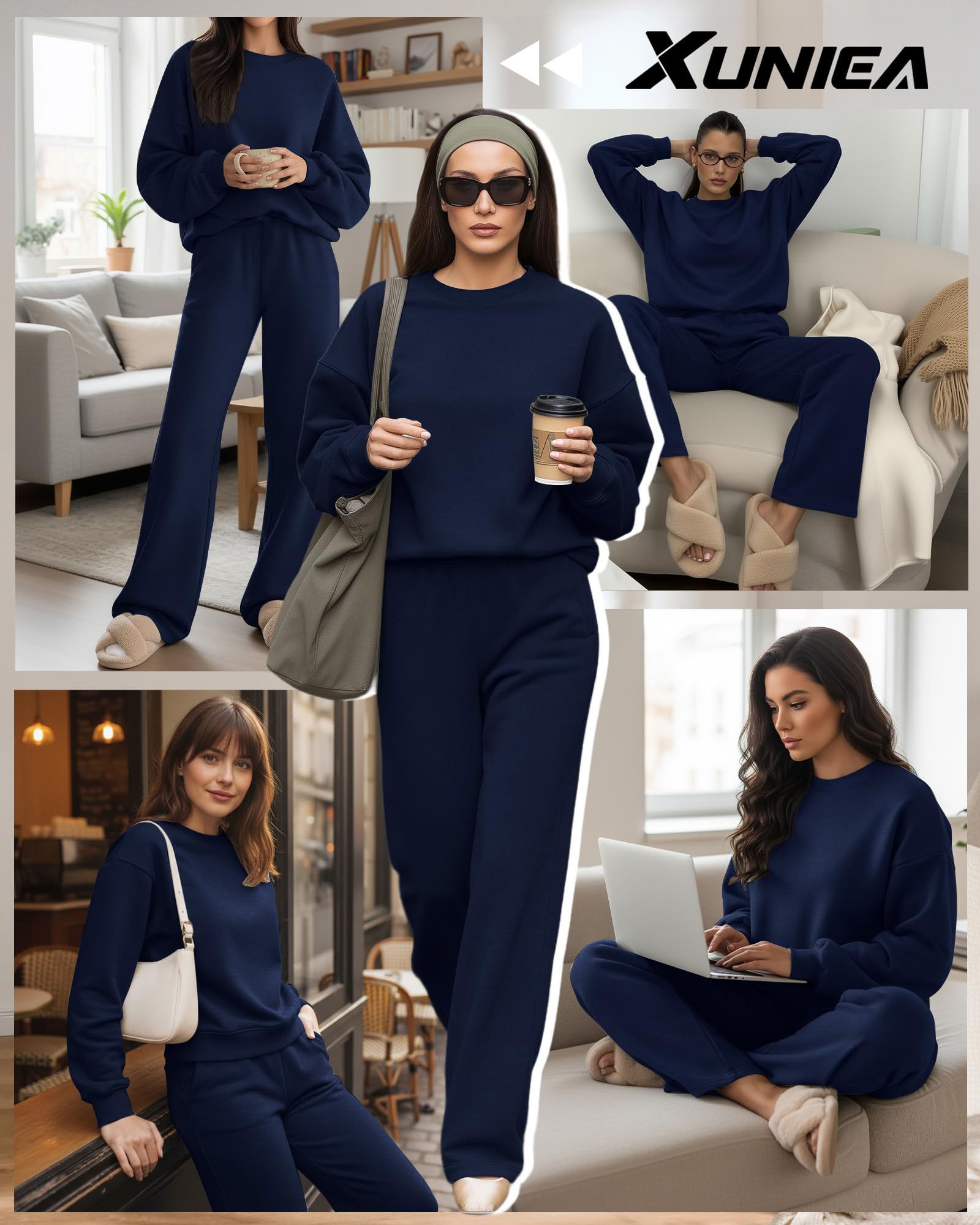 Xuniea Completo da Donna Composto da 2 Pezzi: Tuta da Casa Foderata in Pile, Maglia Girocollo, Pantaloni a Gamba Larga