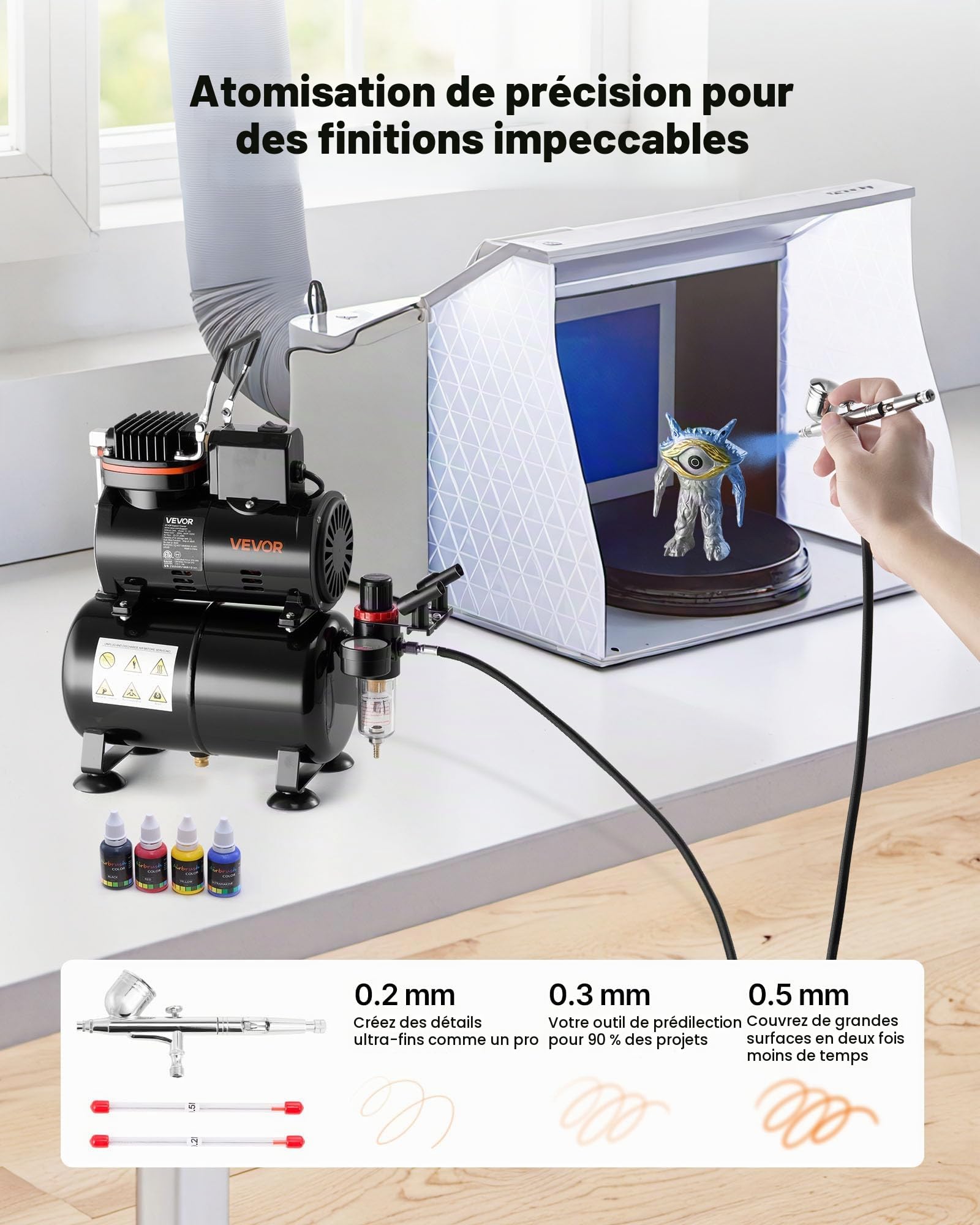 VEVOR Kit Aérographe avec Compresseur d’Air 1/6 HP et Réservoir, Compresseur Aérographe avec 1 Pistolet à Double Action, 3 Buses, Peinture Acrylique, pour Décoration Pâtisserie Onglerie Modélisme