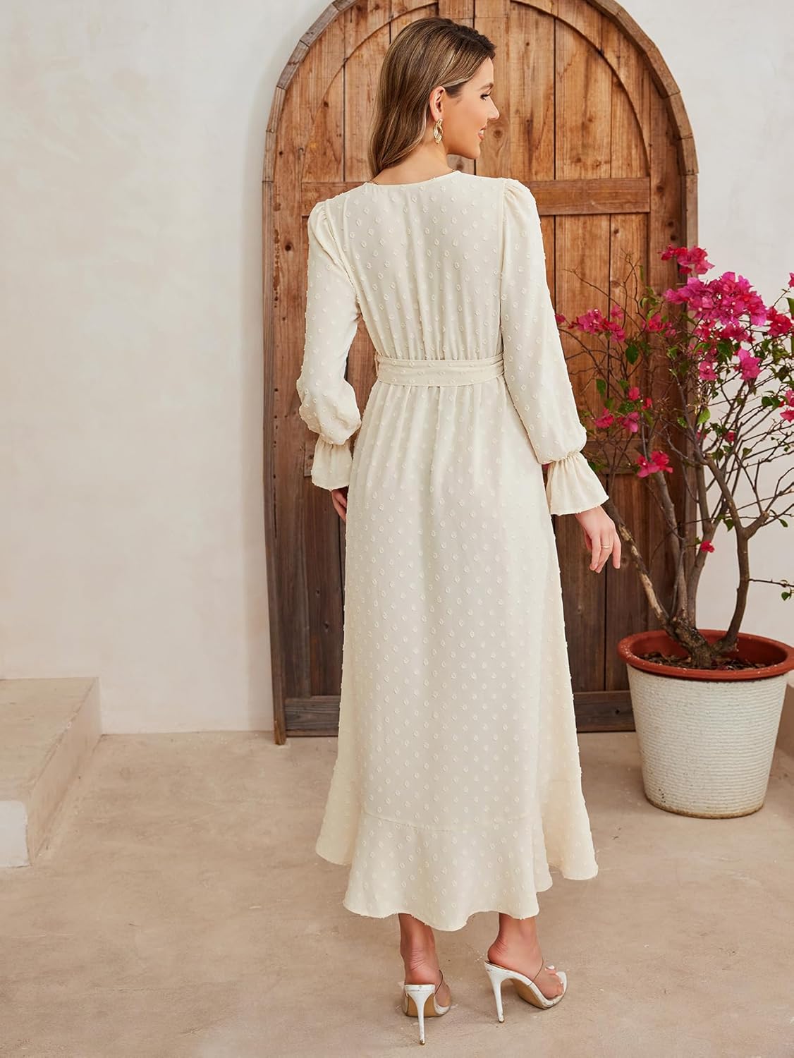 KUTUMAI Women 2024 Swiss Dot Maxi Dress V Neck Wrap Belted Ruffle A Line Flowy Boho Wedding Guest Long Dresses - Image 5