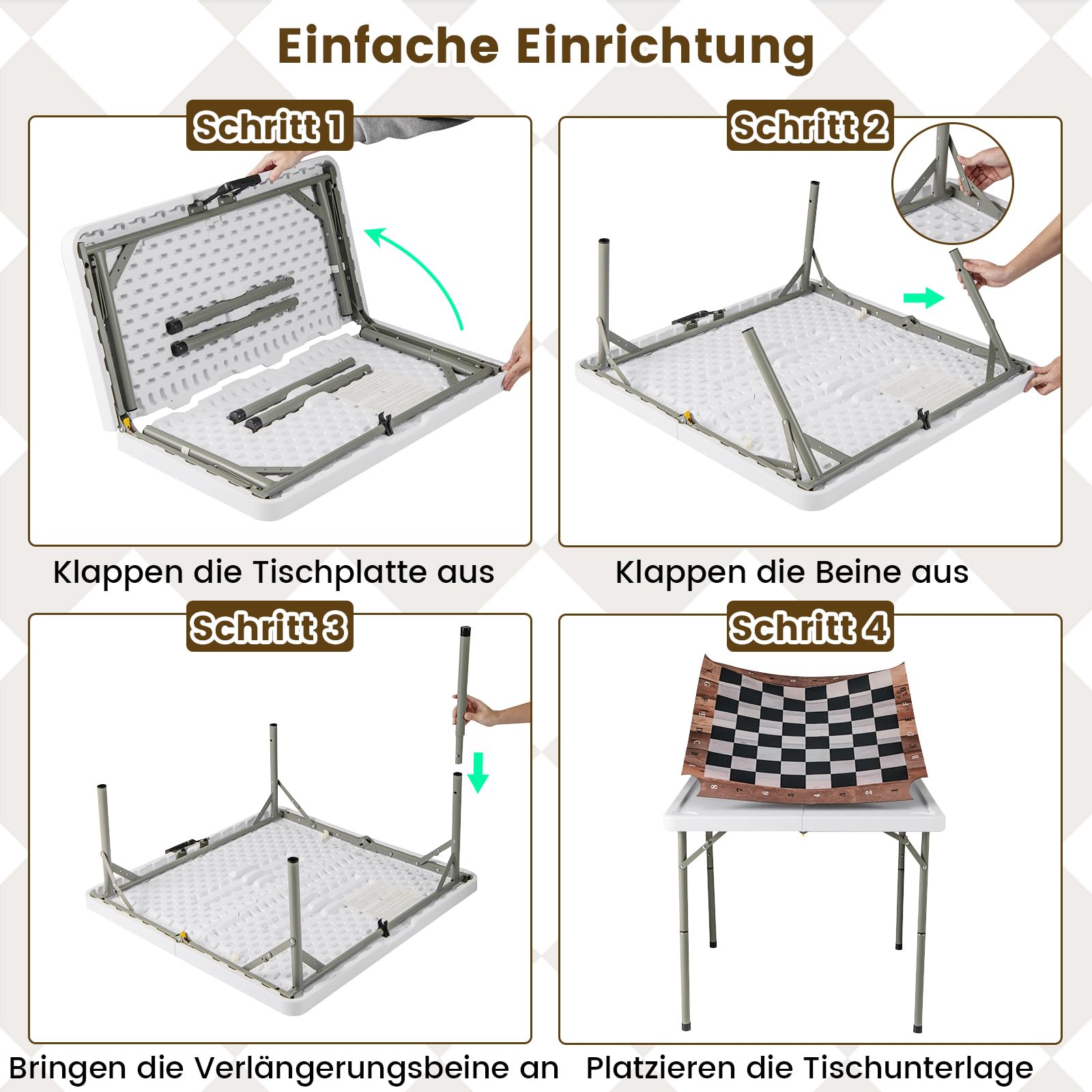 COSTWAY Schachtisch klappbar, 90 x 90 cm Schachspiel mit abnehmbarem Tischmatte & 4 Getränkehaltern, Schachbrett tragbar mit Tragegriff für Kinder Erwachsene Party Reisen