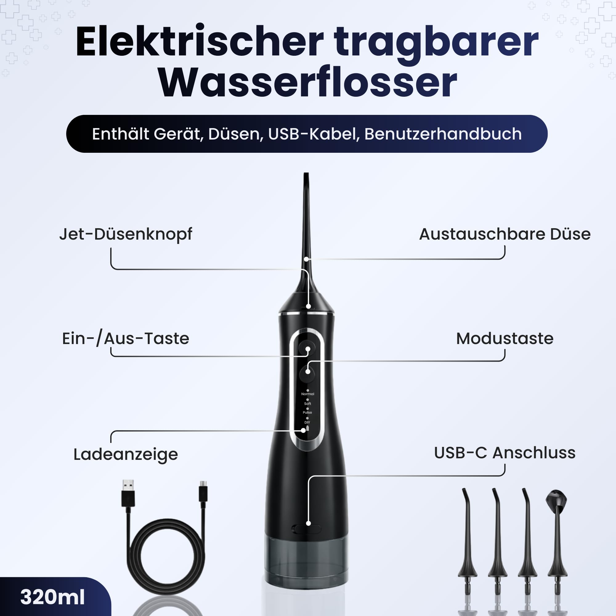 BeFit24 Elektrische Tragbare Munddusche 320 ml Water Flosser Kabellos IPX8 | Munddusche Waterflosser Tragbarer Dental Irrigator 4 Modi 120PSI 1400–1800/min | 1400mAh Batterie USB Wiederaufladbar