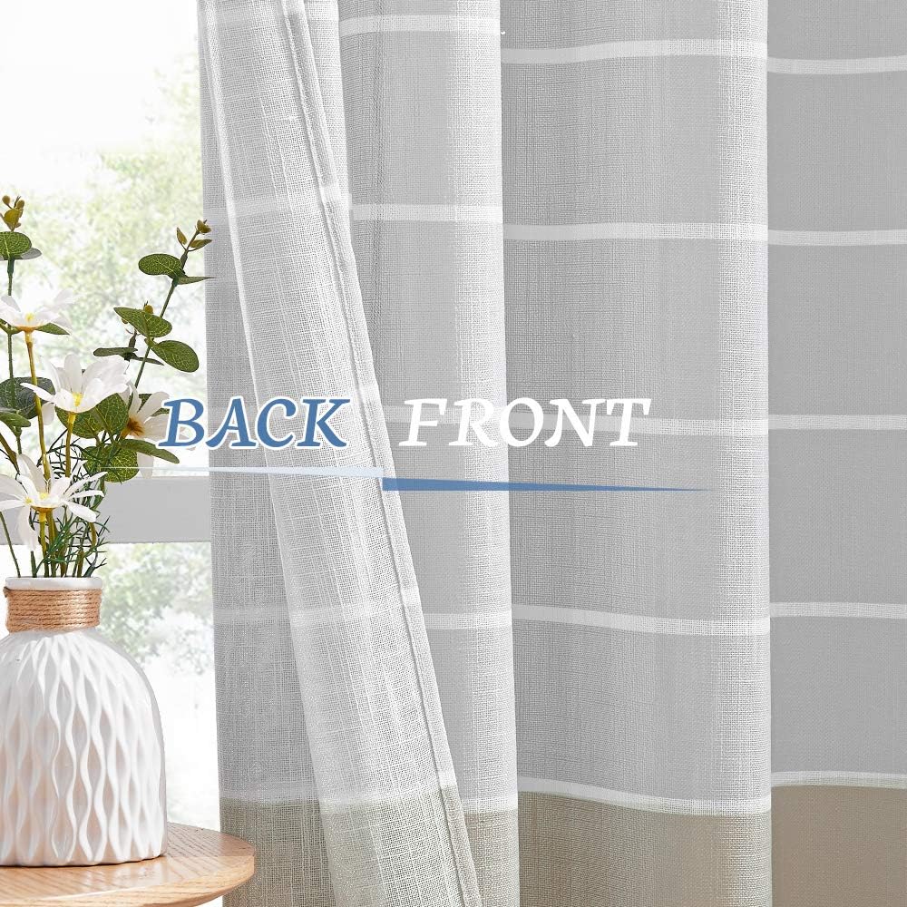 NICETOWN Normcore Linen Look Semi Sheer Curtains, Grommet Striped Pattern Privacy with Light Filter Draperies for Bedroom/Kids Room, Light Grey & Taupe, 50" Wide by 72" Long, 1 Pair