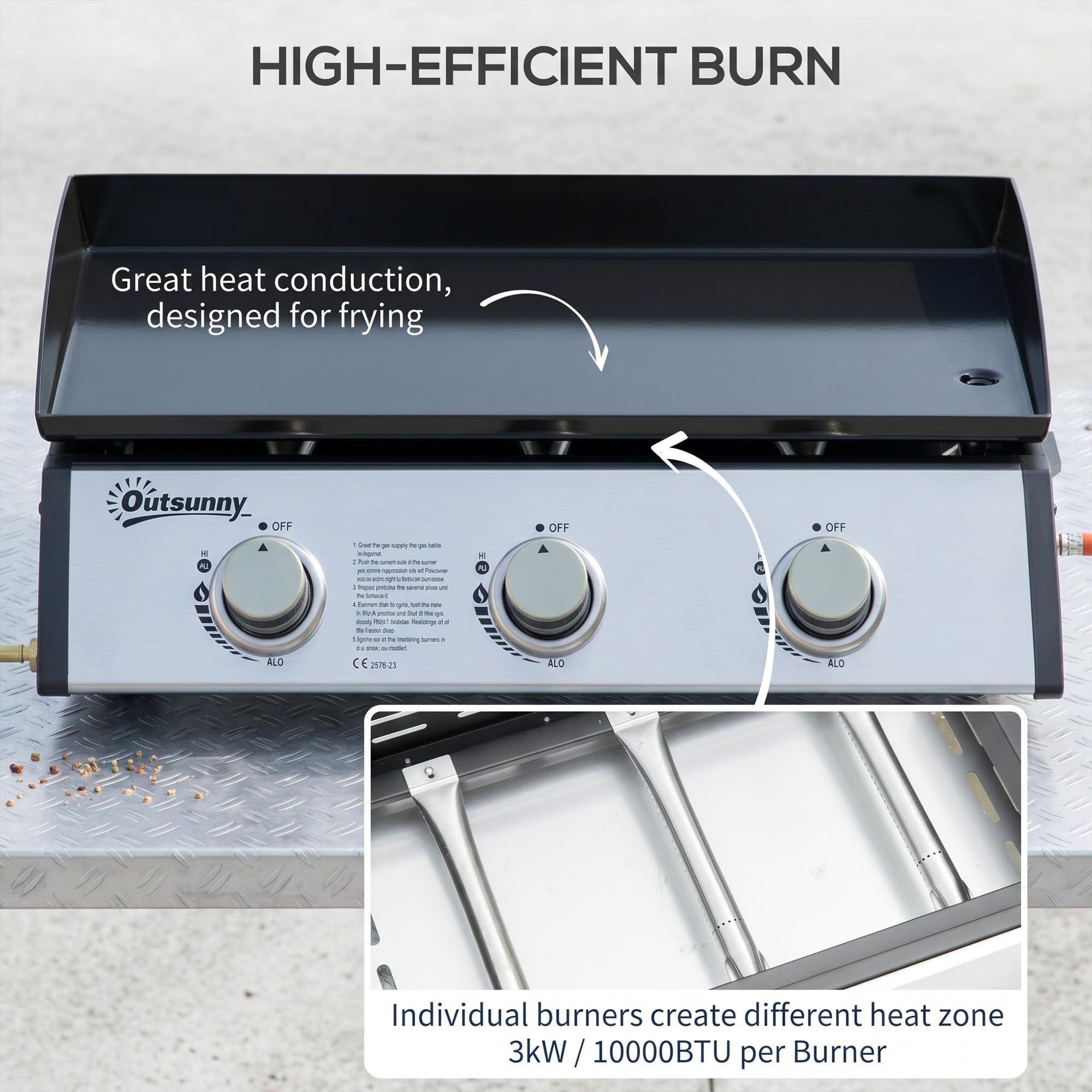 Outsunny Gasgrill 3 Brenner 7,5 kW Grillfläche 65×35,5 cm Schwarz+Silber | Edelstahl, Tragbarer Tischgrill, BBQ, für Balkon, Garten, Camping