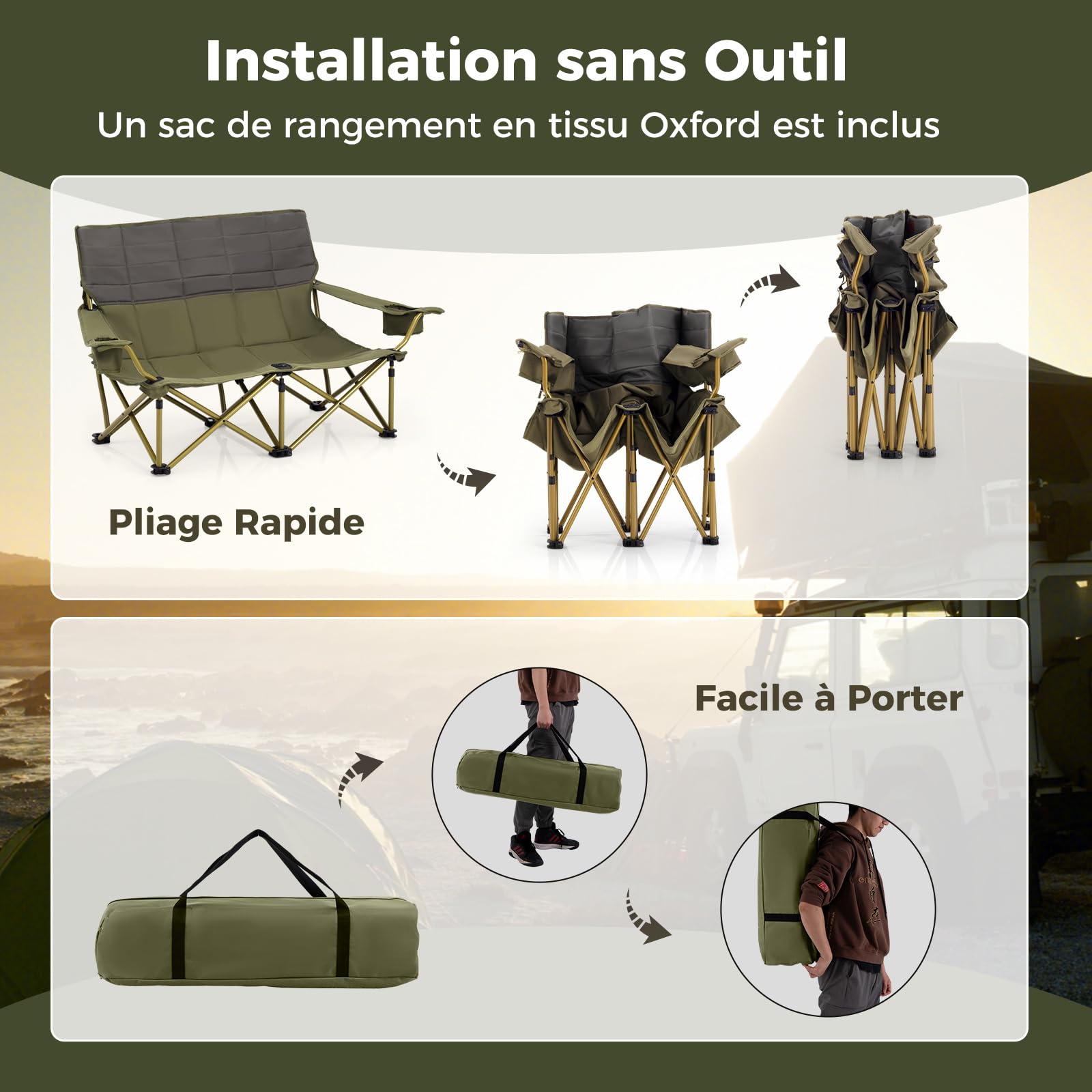 GOPLUS Chaise de Camping Double, Fauteuil de Plage Rembourrée avec Porte-Gobelets, Accoudoirs Réglables, Banc de Camping 2 Places Pliable pour Pêche, Camping, Pique-Nique, Plage, Charge 300KG (Vert)