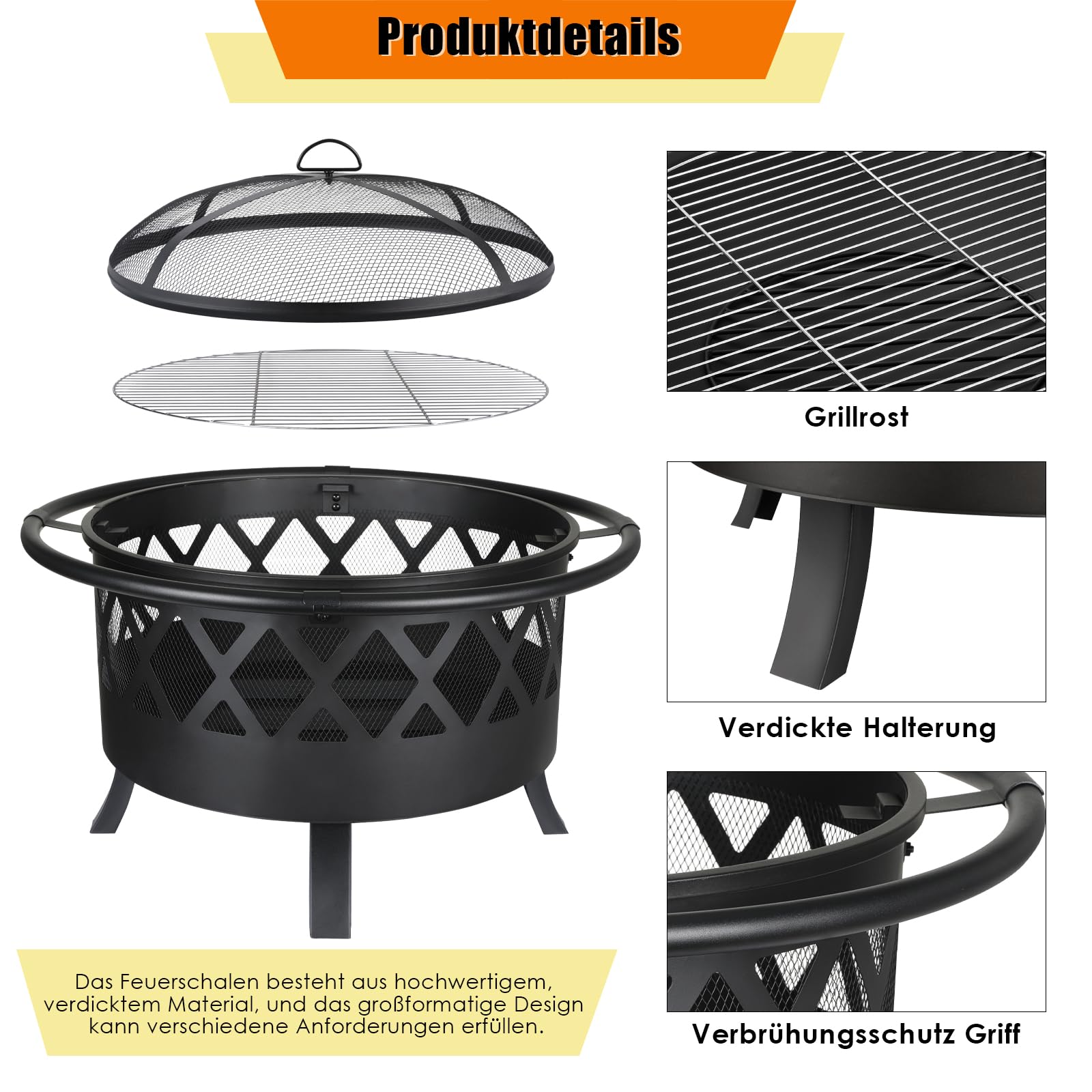 TLSUNNY Feuerschale, Feuerschalen für den Garten, Ø 81cm Feuerschale mit Funkenschutz und Schürhaken, Feuerkorb mit Grillrost(Ø 58cm), BBQ Feuerstelle Outdoor, für Gartengrills, Campingheizung, Groß
