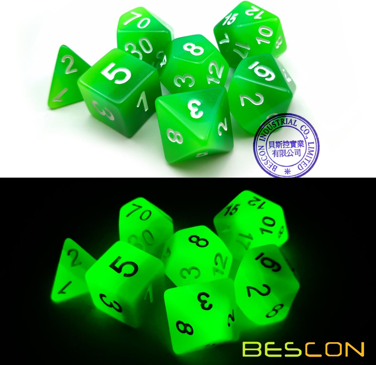 Bescon Gradient Glowing Polyhedral Dice 7pcs Set Forest Light, Gradual Luminous RPG Dice Set Glow in Dark, Novelty DND Game Dice d4 d6 d8 d10 d12 d20 d% in Brick Box