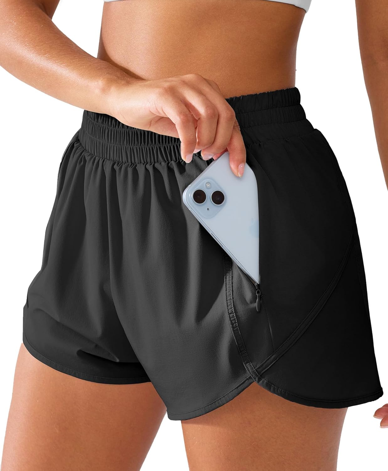 BRXL Mid Waisted Running 2 in 1 Shorts for Women Lightweight Split Hem Gym Athletic Shorts with Liner Phone Pockets