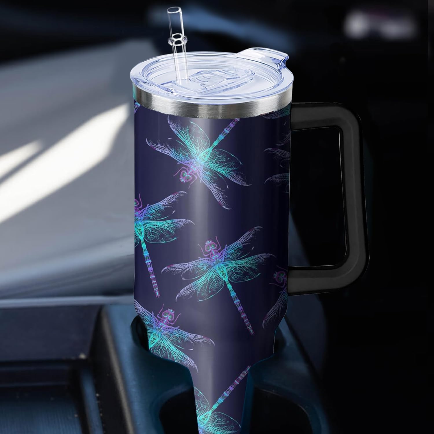 40oz Dragonfly Stainless Steel Tumbler with Handle and Straw, Insulated Cup Travel Coffee Mug Water Bottle with Lid and Straw, Animal Lovers Women Gifts - Image 6